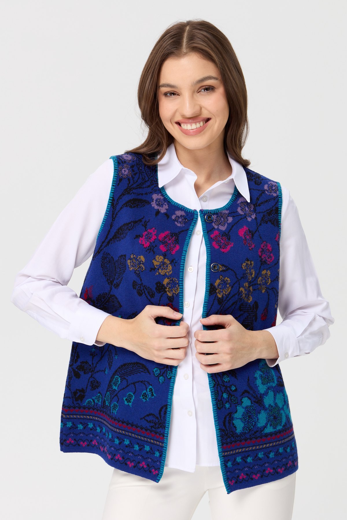 23119Kadın Sıfır Yaka Sarmaşık Desenli Yün Yelek K.Saks Mavi