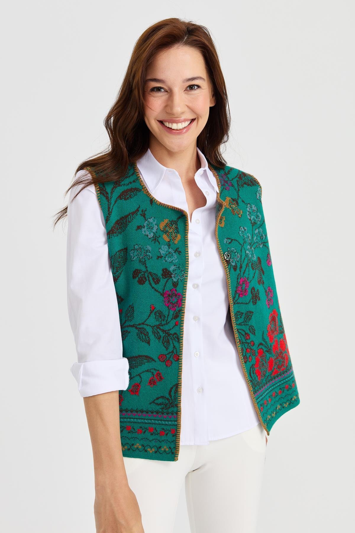 23119Kadın Sıfır Yaka Sarmaşık Desenli Yün Yelek A.Ö.Başı