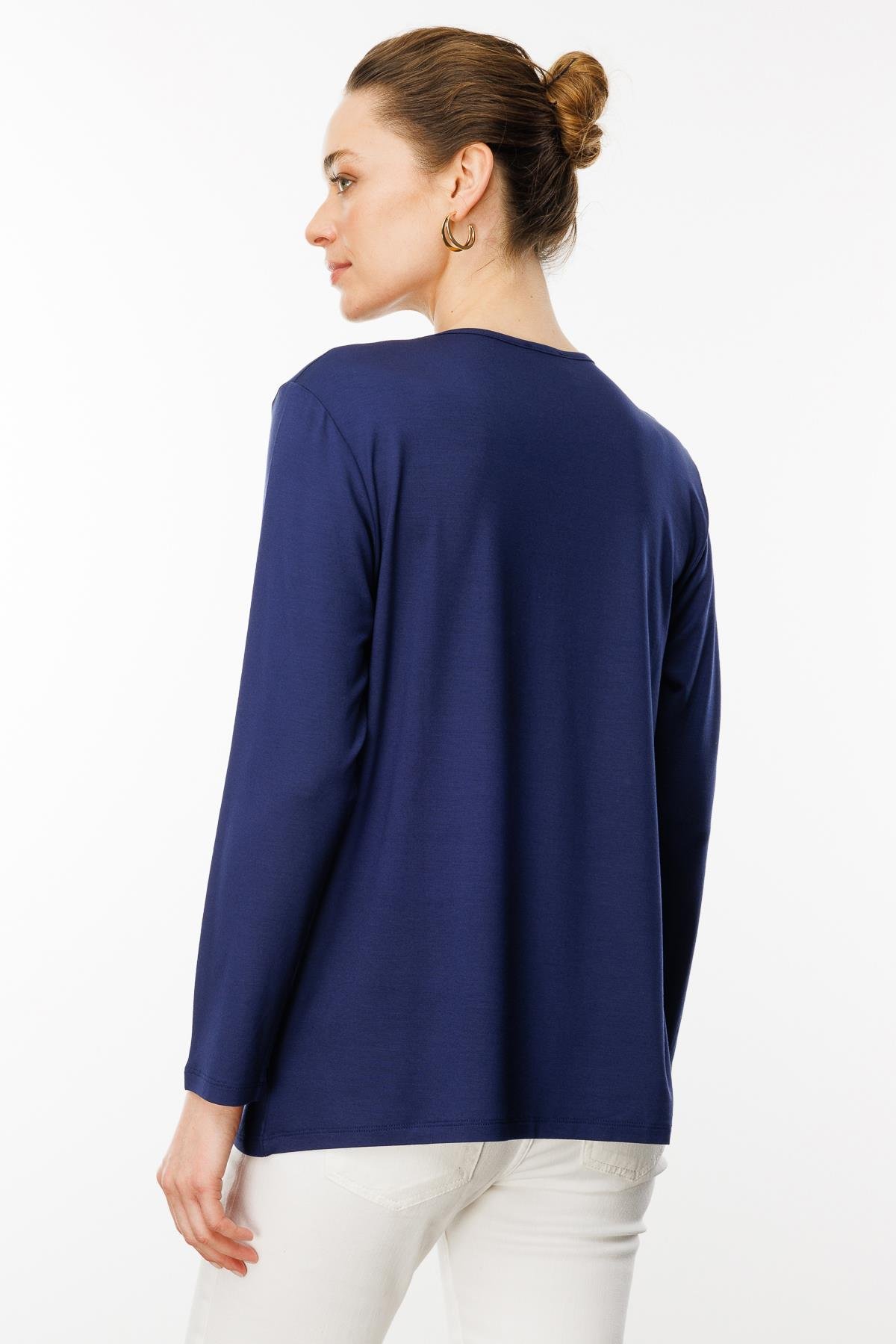 25770Kadın Sıfır Yaka Taş Baskılı Penye Bluz Lacivert