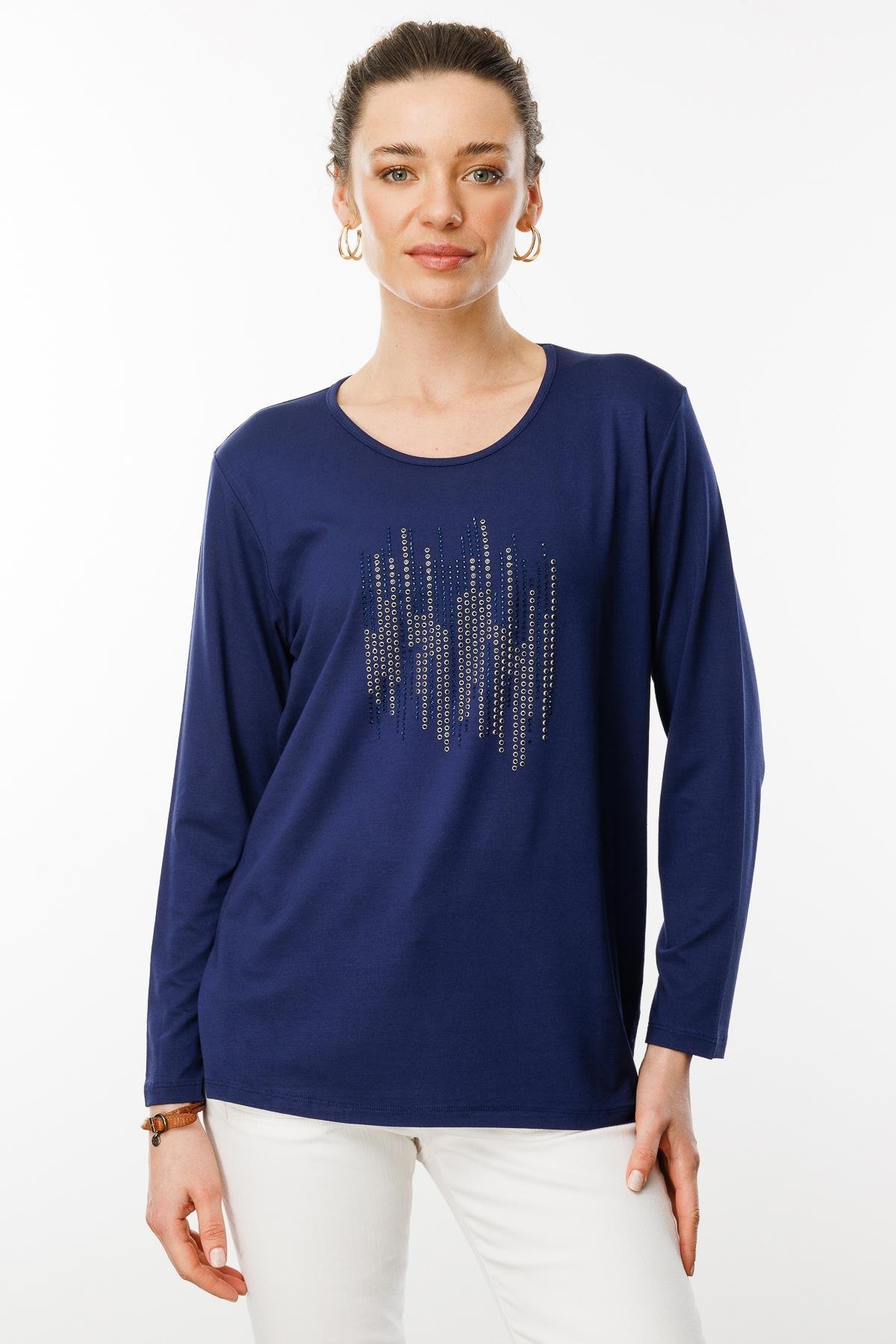 25770Kadın Sıfır Yaka Taş Baskılı Penye Bluz Lacivert