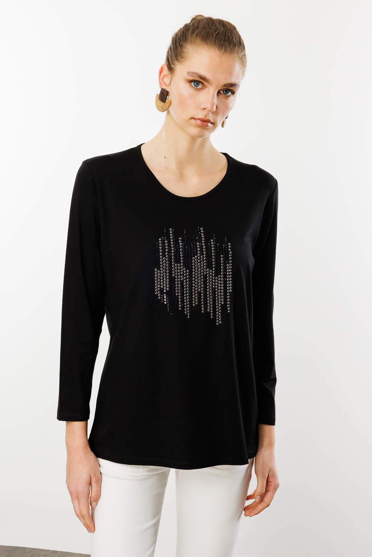 25770Kadın Sıfır Yaka Taş Baskılı Penye Bluz Siyah