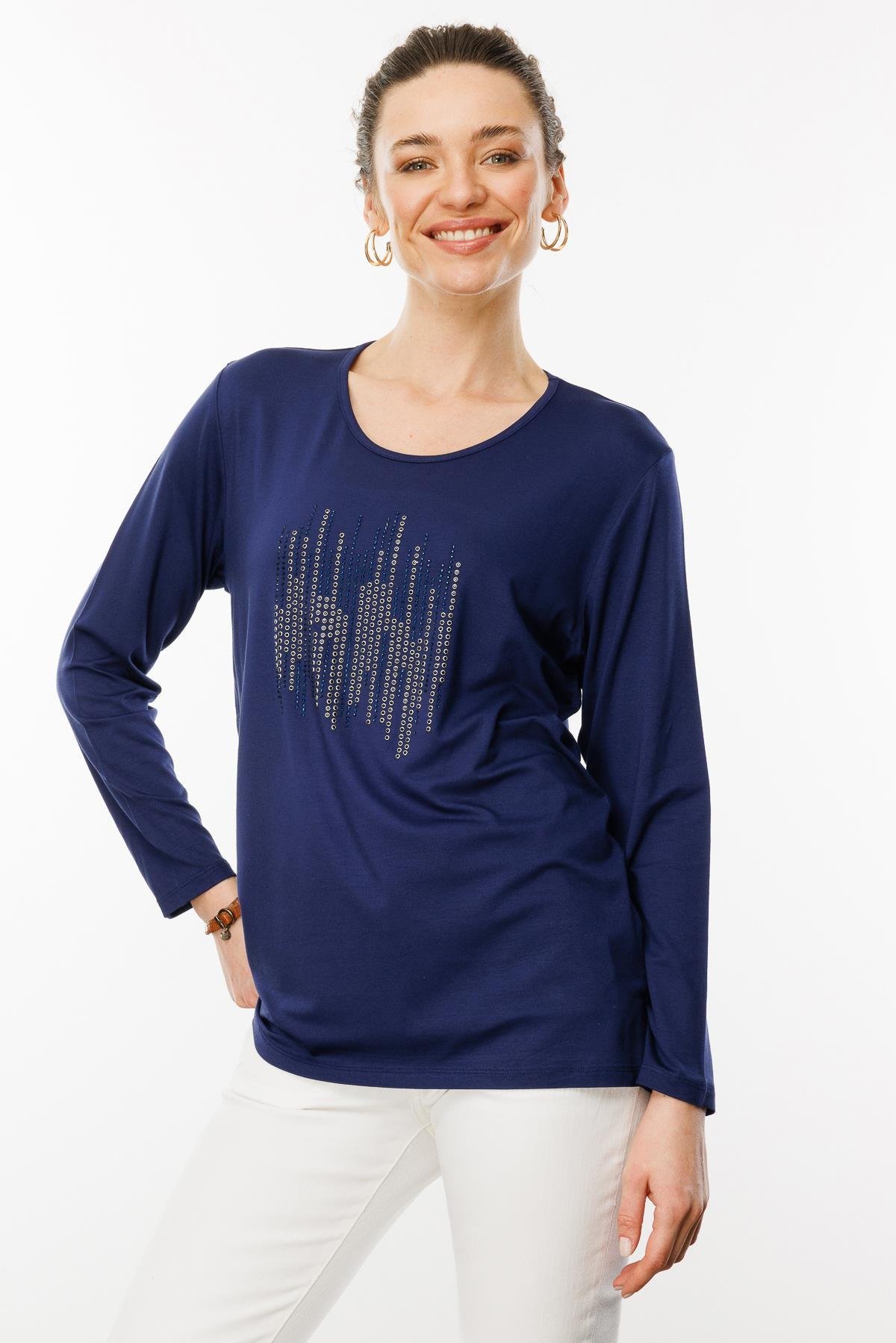 25770Kadın Sıfır Yaka Taş Baskılı Penye Bluz Lacivert
