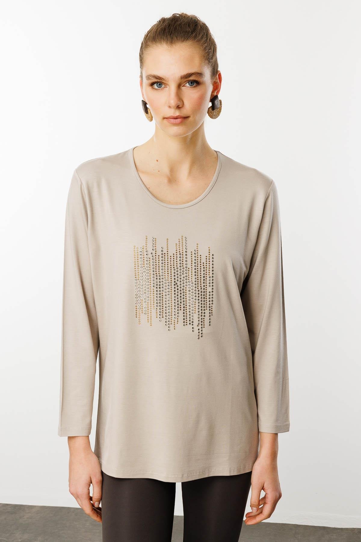 25770Kadın Sıfır Yaka Taş Baskılı Penye Bluz Bej