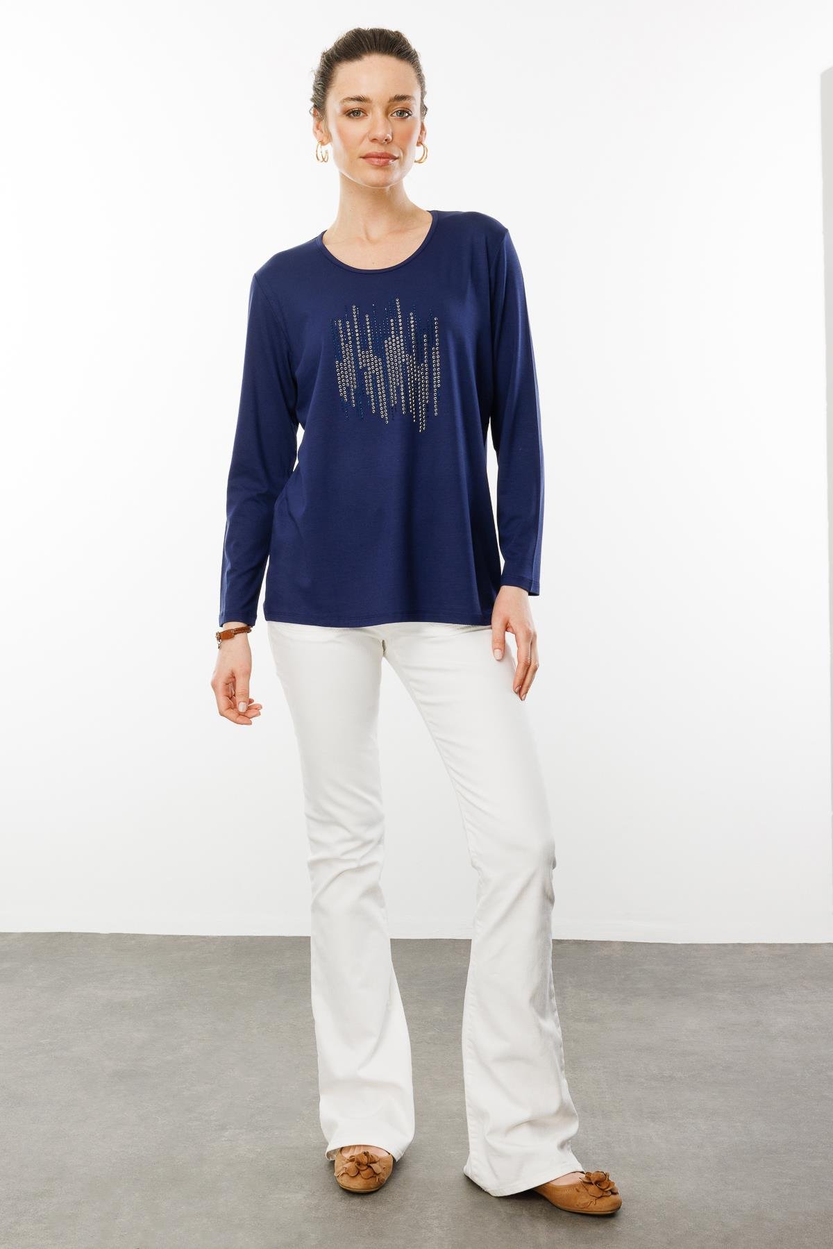 25770Kadın Sıfır Yaka Taş Baskılı Penye Bluz Lacivert