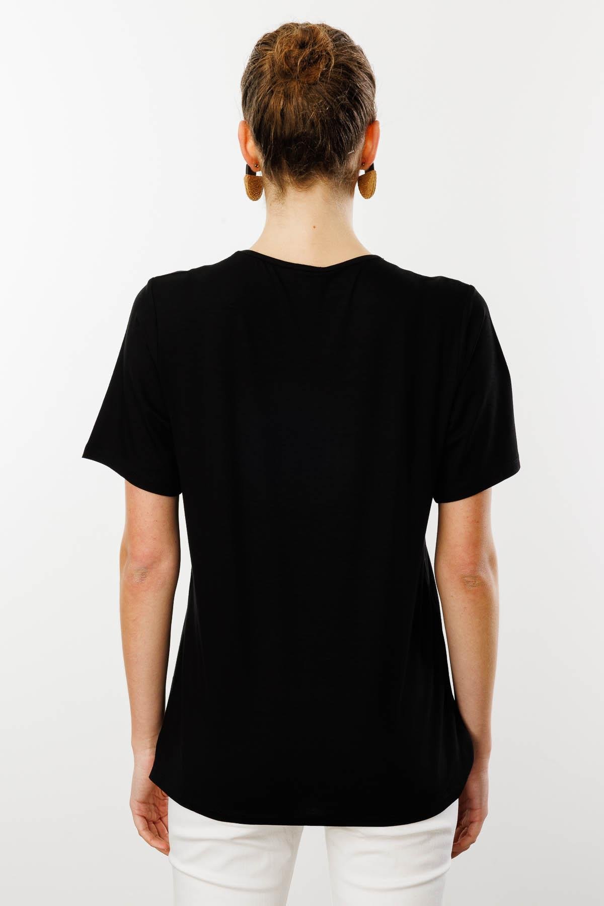 25769Kadın Sıfır Yaka Taş Baskılı Penye T-Shirt Siyah