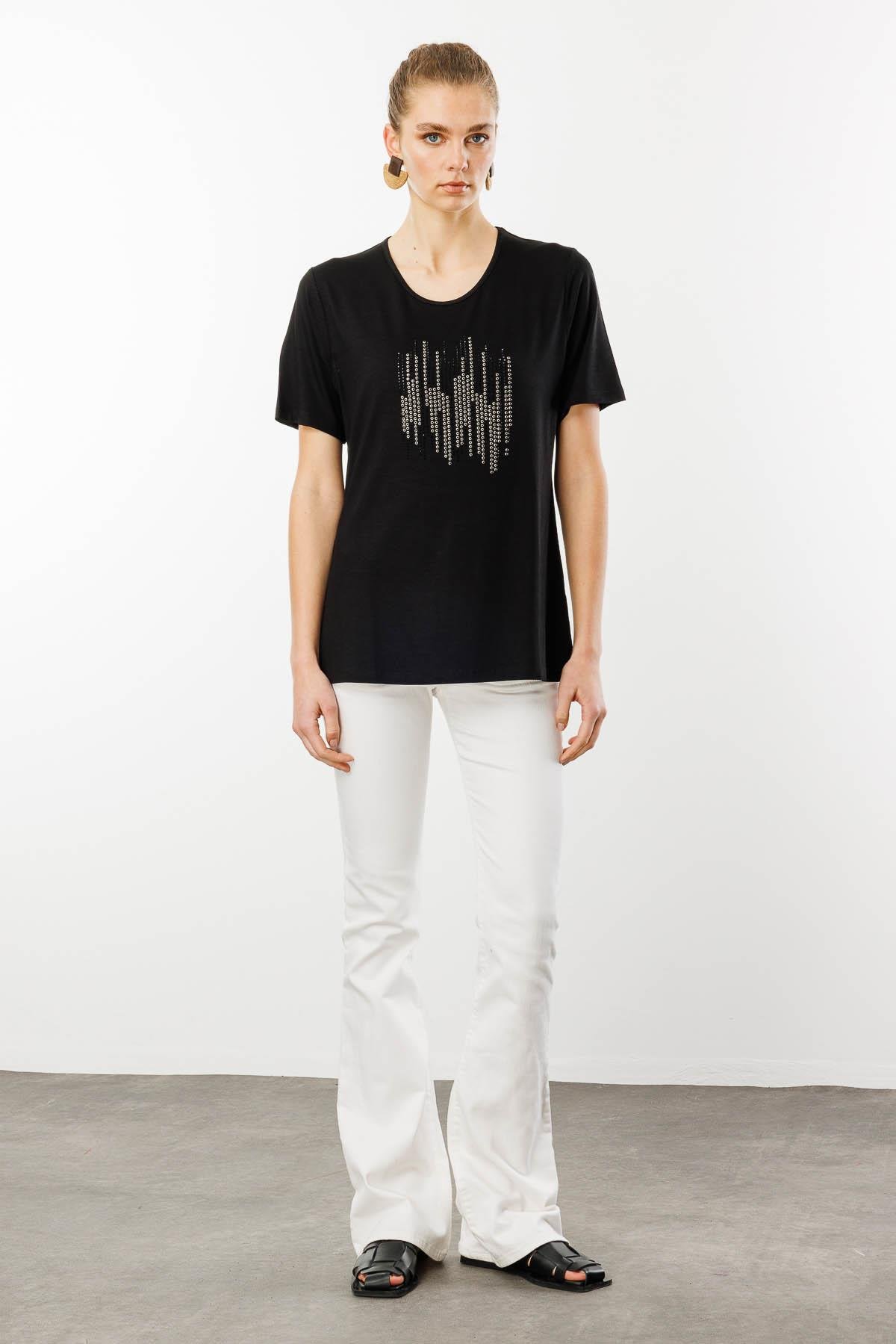 25769Kadın Sıfır Yaka Taş Baskılı Penye T-Shirt Siyah