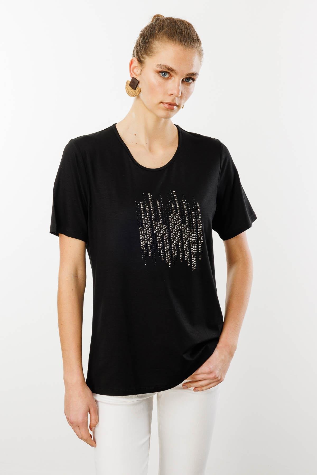 25769Kadın Sıfır Yaka Taş Baskılı Penye T-Shirt Siyah