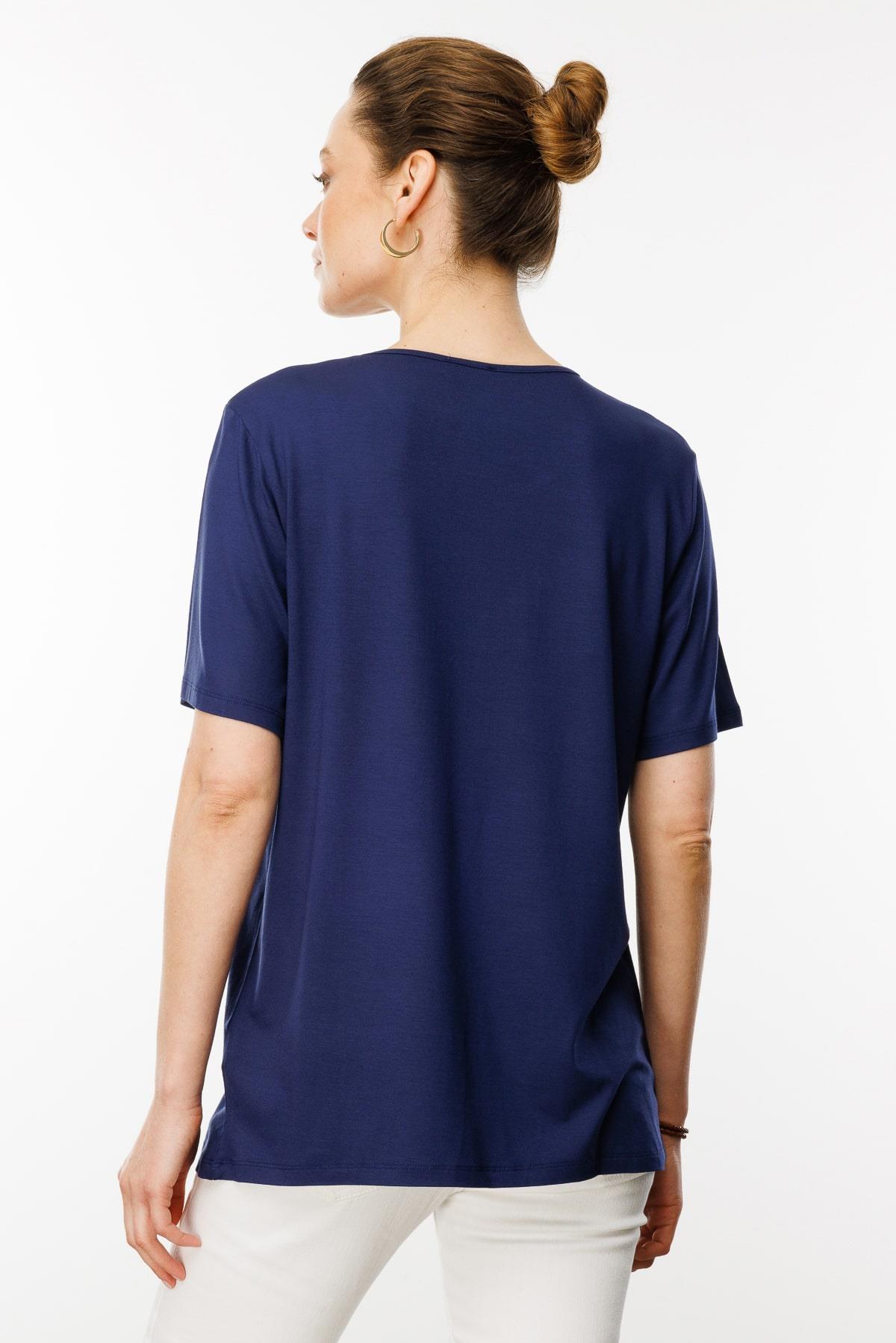 25769Kadın Sıfır Yaka Taş Baskılı Penye T-Shirt Lacivert