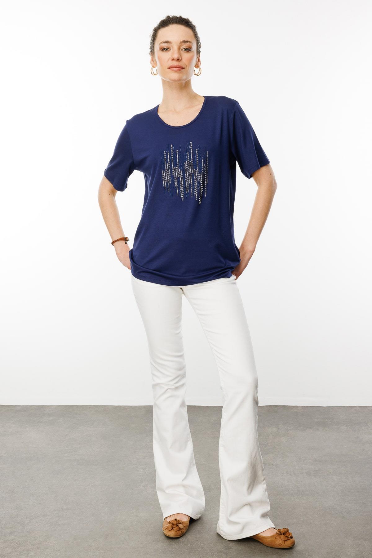 25769Kadın Sıfır Yaka Taş Baskılı Penye T-Shirt Lacivert