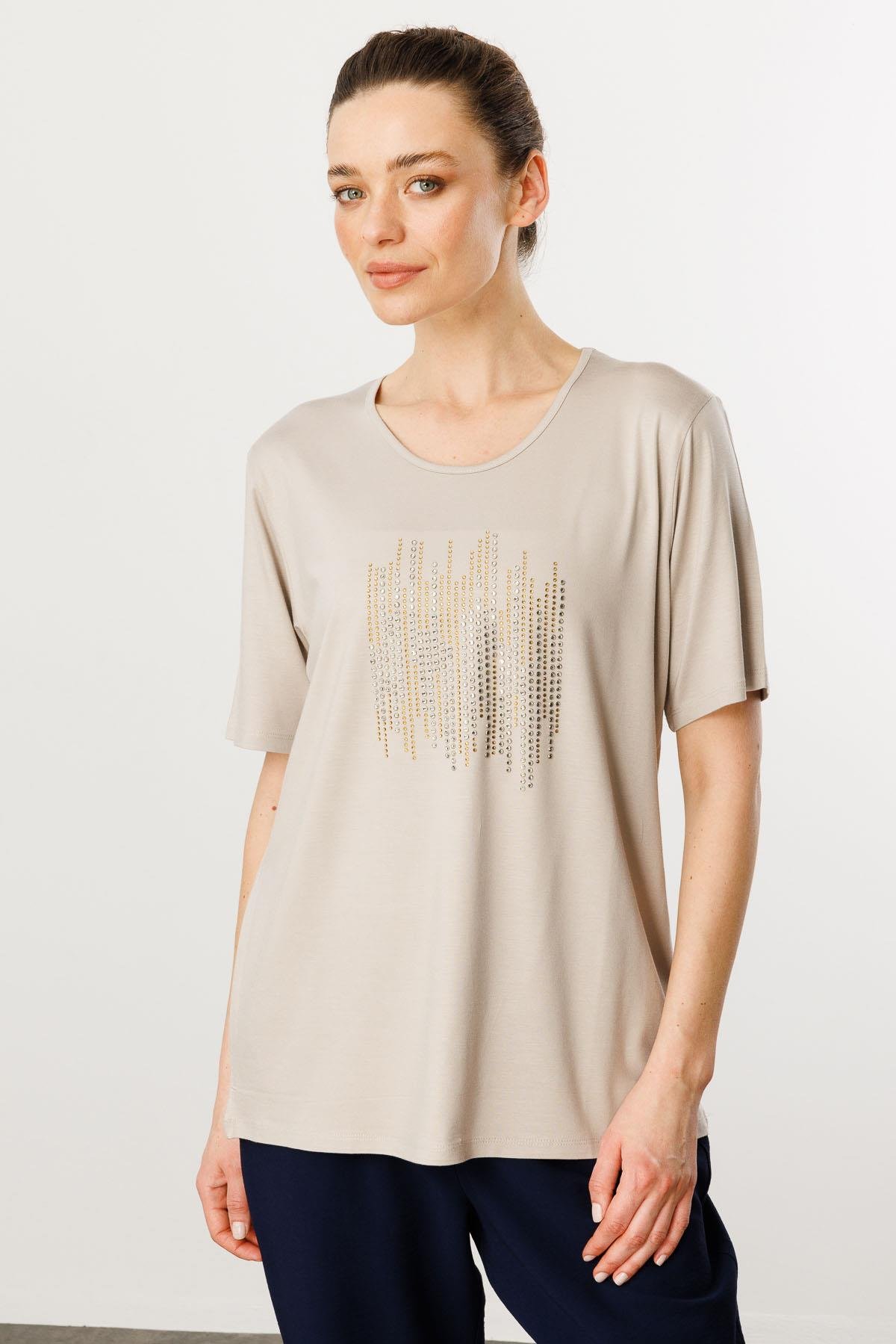 25769Kadın Sıfır Yaka Taş Baskılı Penye T-Shirt Bej