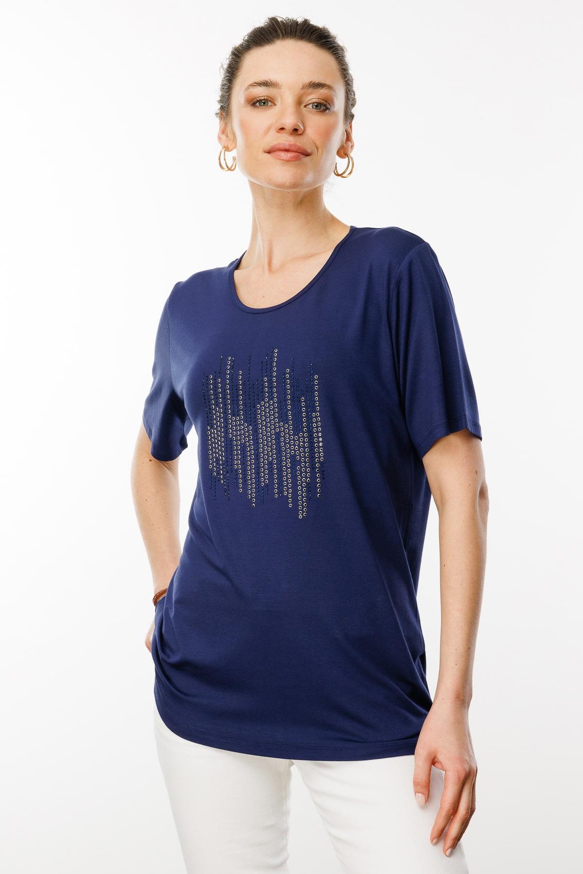 25769Kadın Sıfır Yaka Taş Baskılı Penye T-Shirt Lacivert