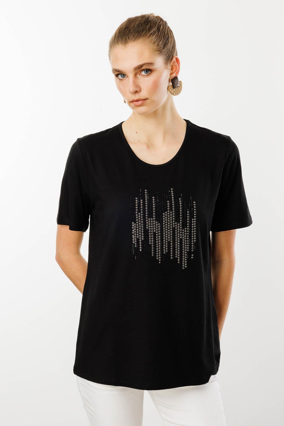 25769Kadın Sıfır Yaka Taş Baskılı Penye T-Shirt Siyah