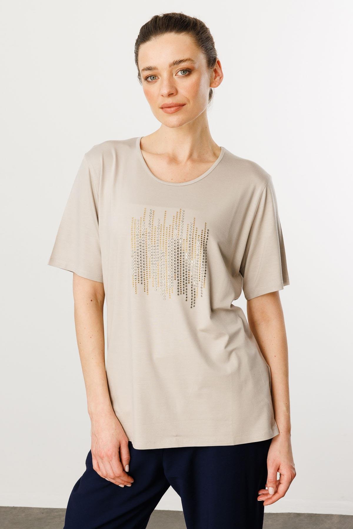 25769Kadın Sıfır Yaka Taş Baskılı Penye T-Shirt Bej