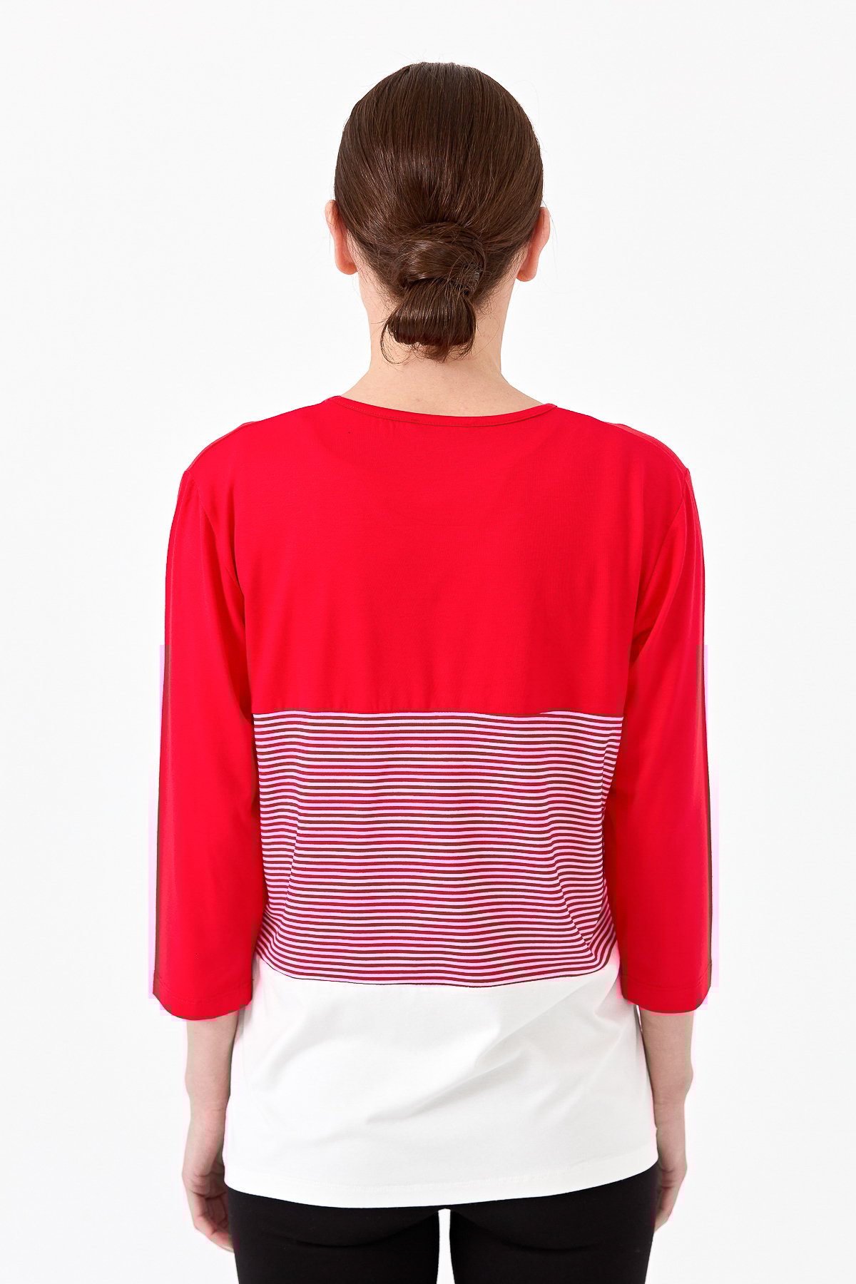 22779Kadın Sıfır Yaka Taşlı Çizgili Penye Bluz Kırmızı