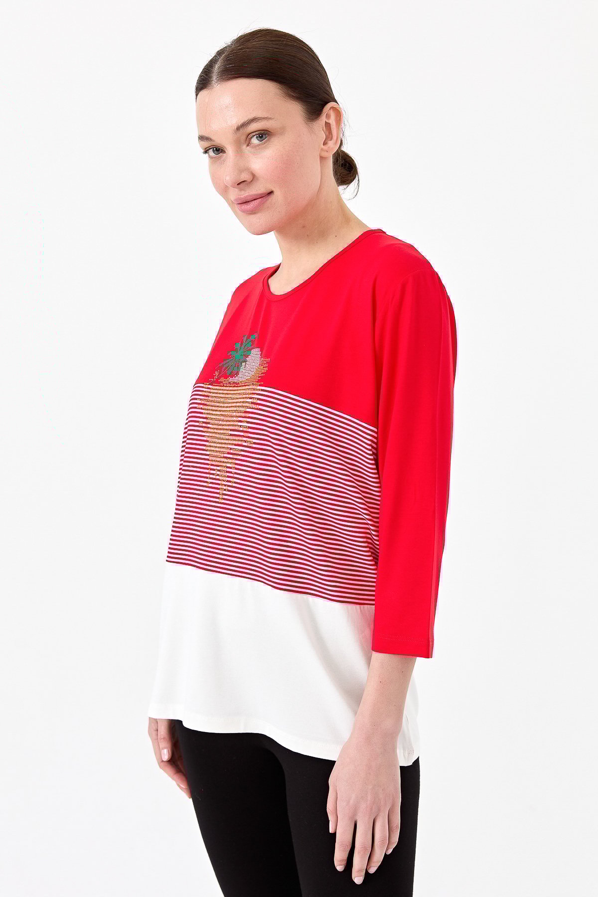 22779Kadın Sıfır Yaka Taşlı Çizgili Penye Bluz Kırmızı
