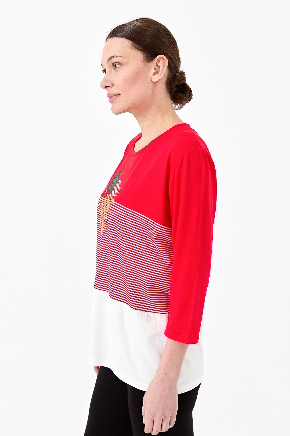 22779Kadın Sıfır Yaka Taşlı Çizgili Penye Bluz Kırmızı