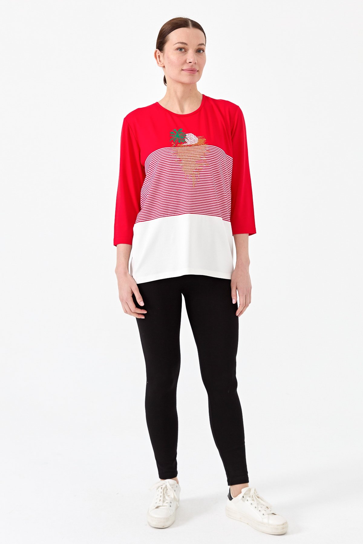 22779Kadın Sıfır Yaka Taşlı Çizgili Penye Bluz Kırmızı