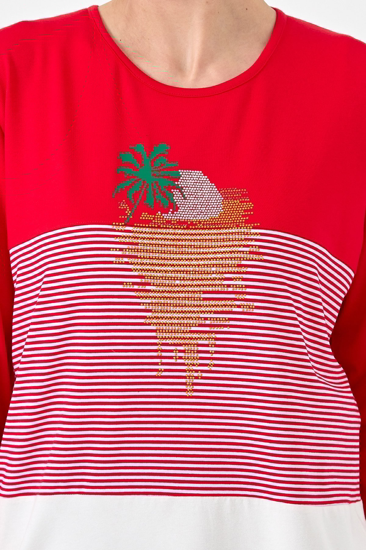 22779Kadın Sıfır Yaka Taşlı Çizgili Penye Bluz Kırmızı