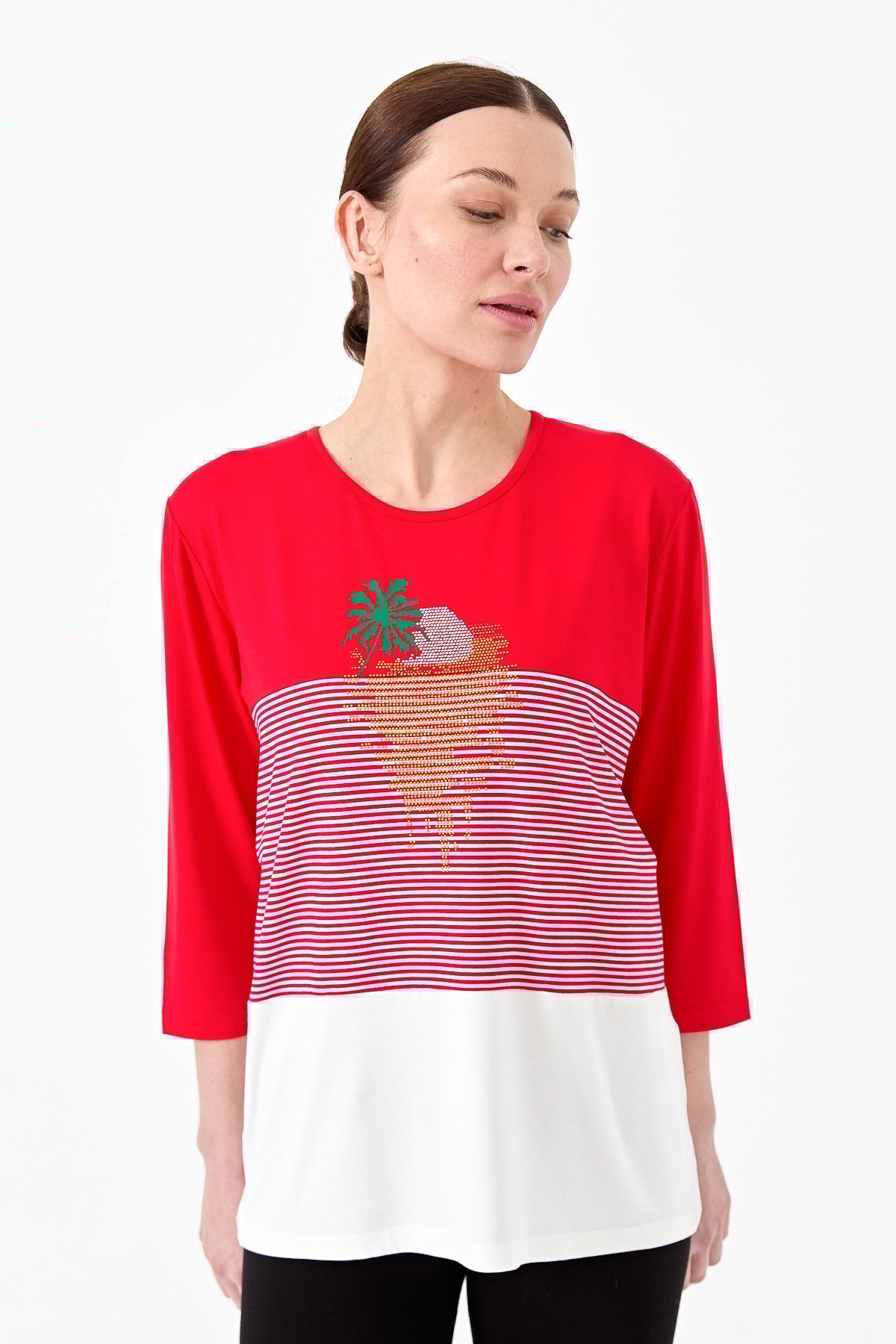 22779Kadın Sıfır Yaka Taşlı Çizgili Penye Bluz Kırmızı