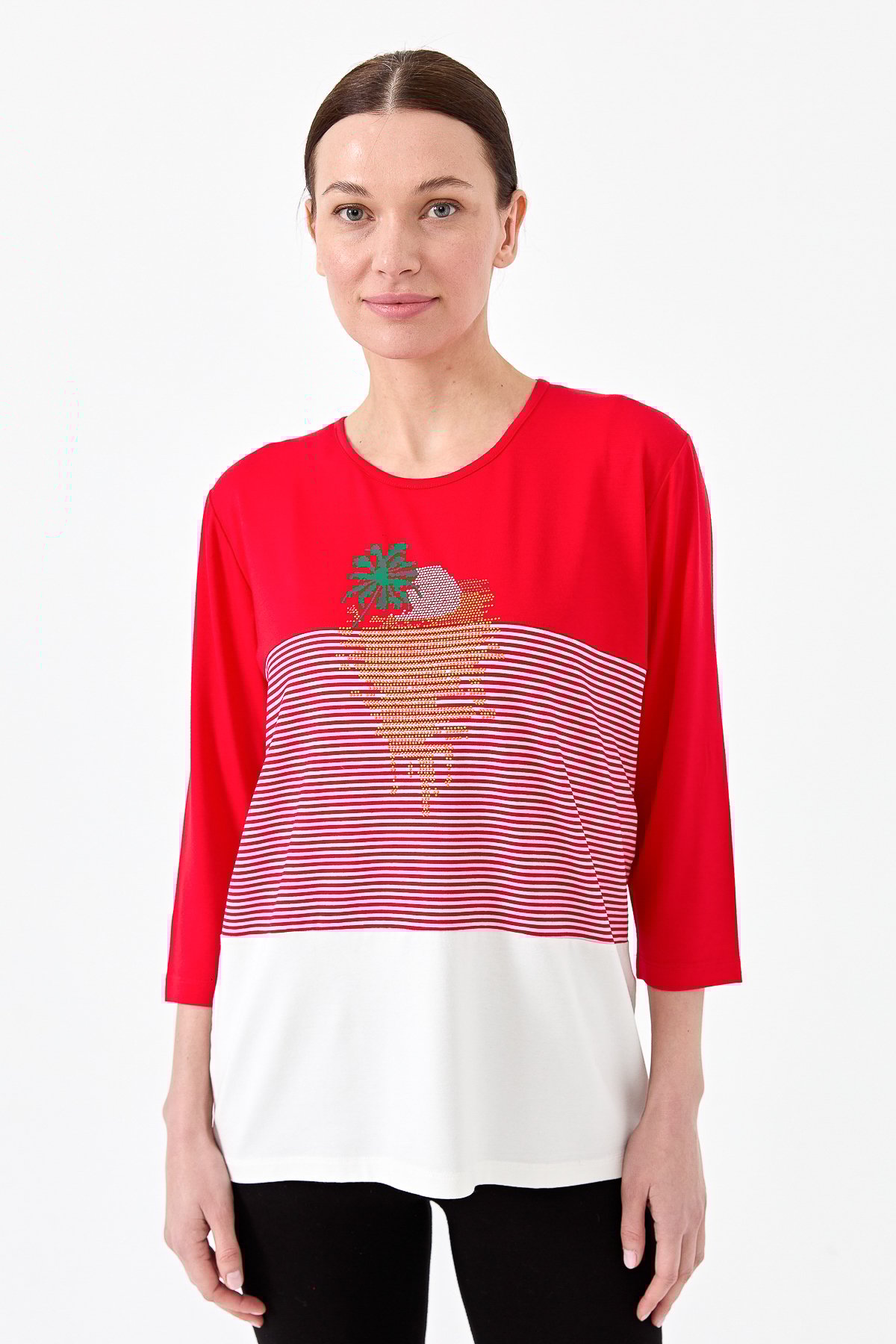 22779Kadın Sıfır Yaka Taşlı Çizgili Penye Bluz Kırmızı