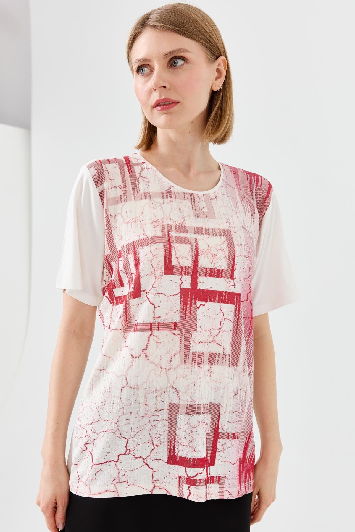 23757Kadın Sıfır Yaka Taşlı Penye T-shirt Kemik