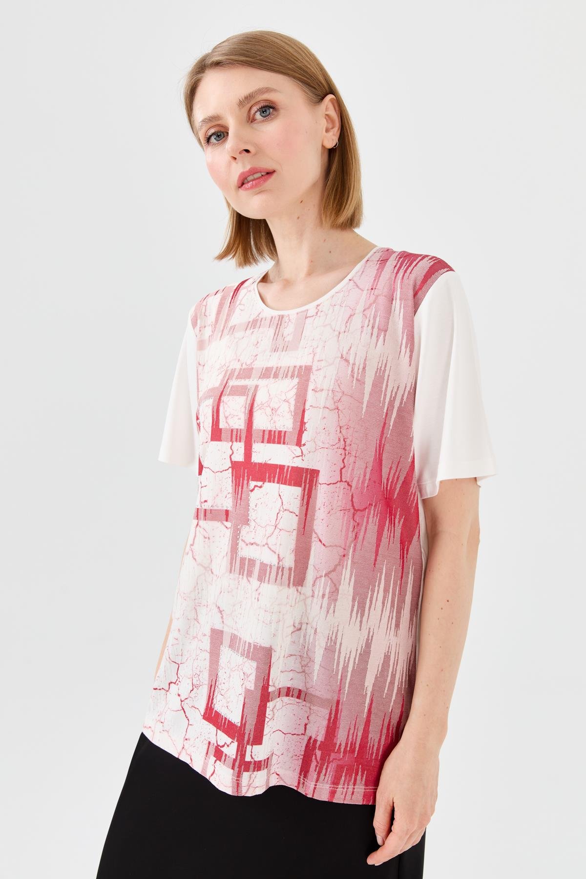 23757Kadın Sıfır Yaka Taşlı Penye T-shirt Kemik