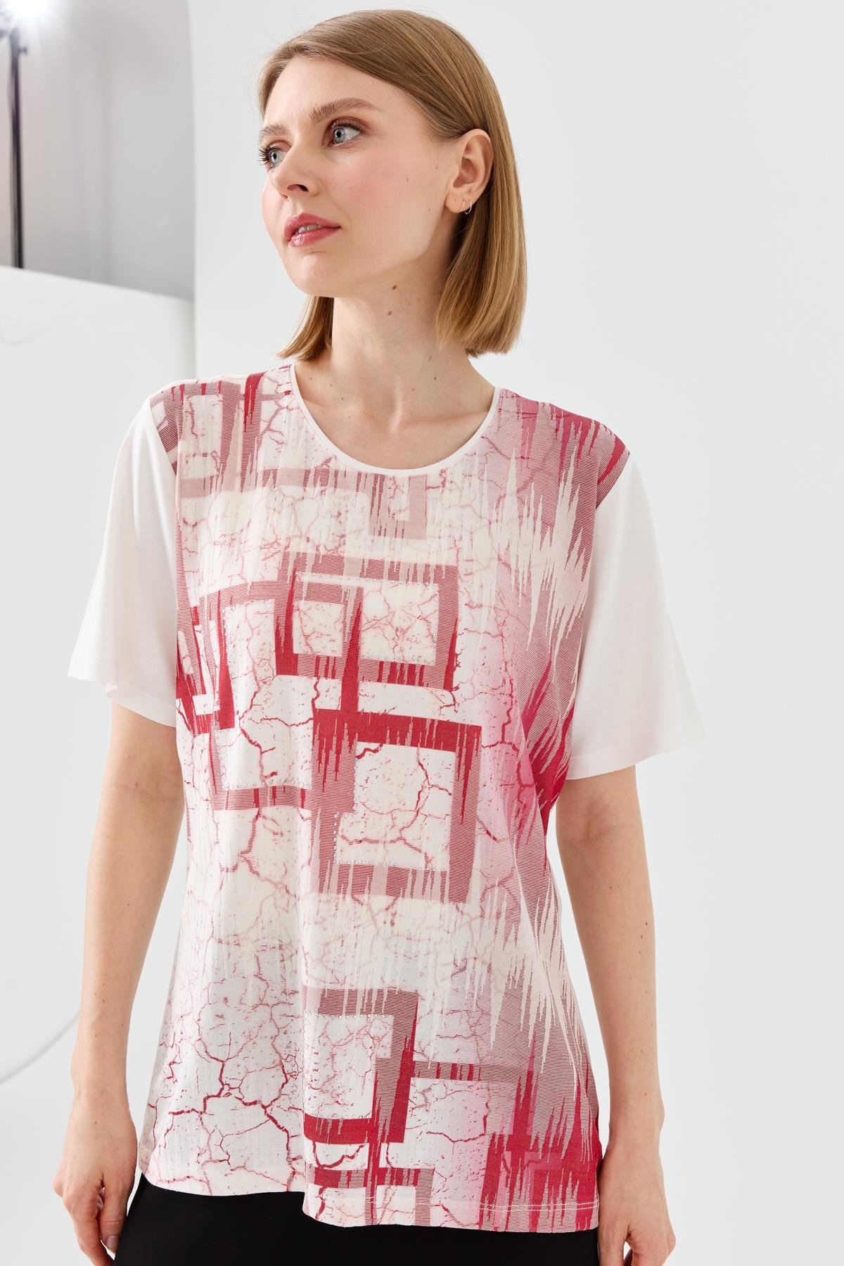 23757Kadın Sıfır Yaka Taşlı Penye T-shirt Kemik