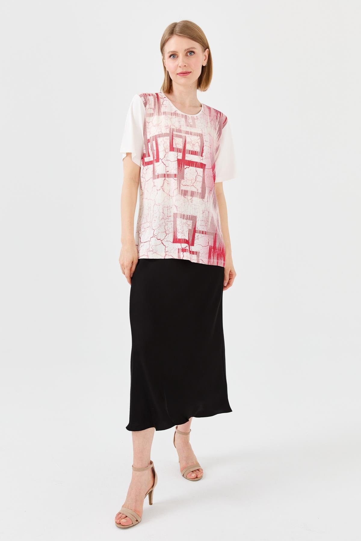 23757Kadın Sıfır Yaka Taşlı Penye T-shirt Kemik