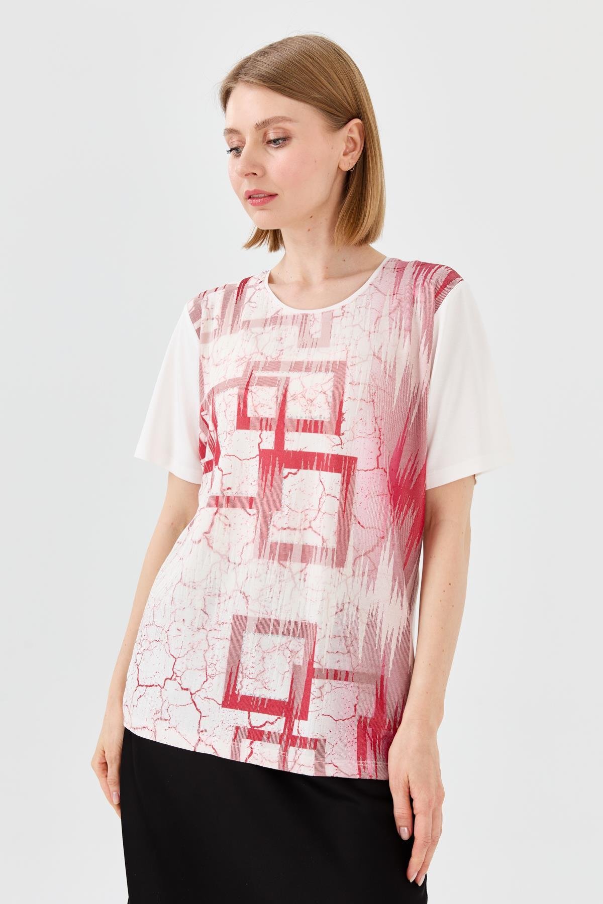 23757Kadın Sıfır Yaka Taşlı Penye T-shirt Kemik