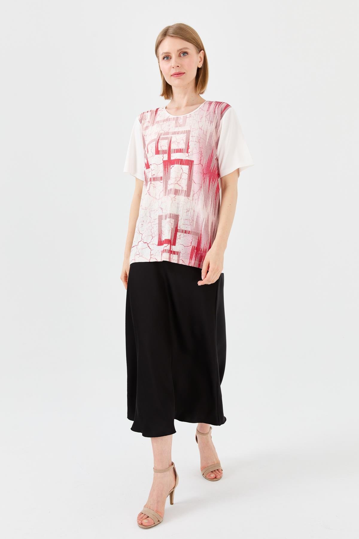 23757Kadın Sıfır Yaka Taşlı Penye T-shirt Kemik