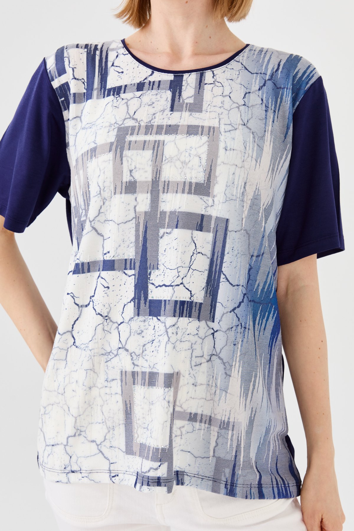 23757Kadın Sıfır Yaka Taşlı Penye T-shirt Lacivert