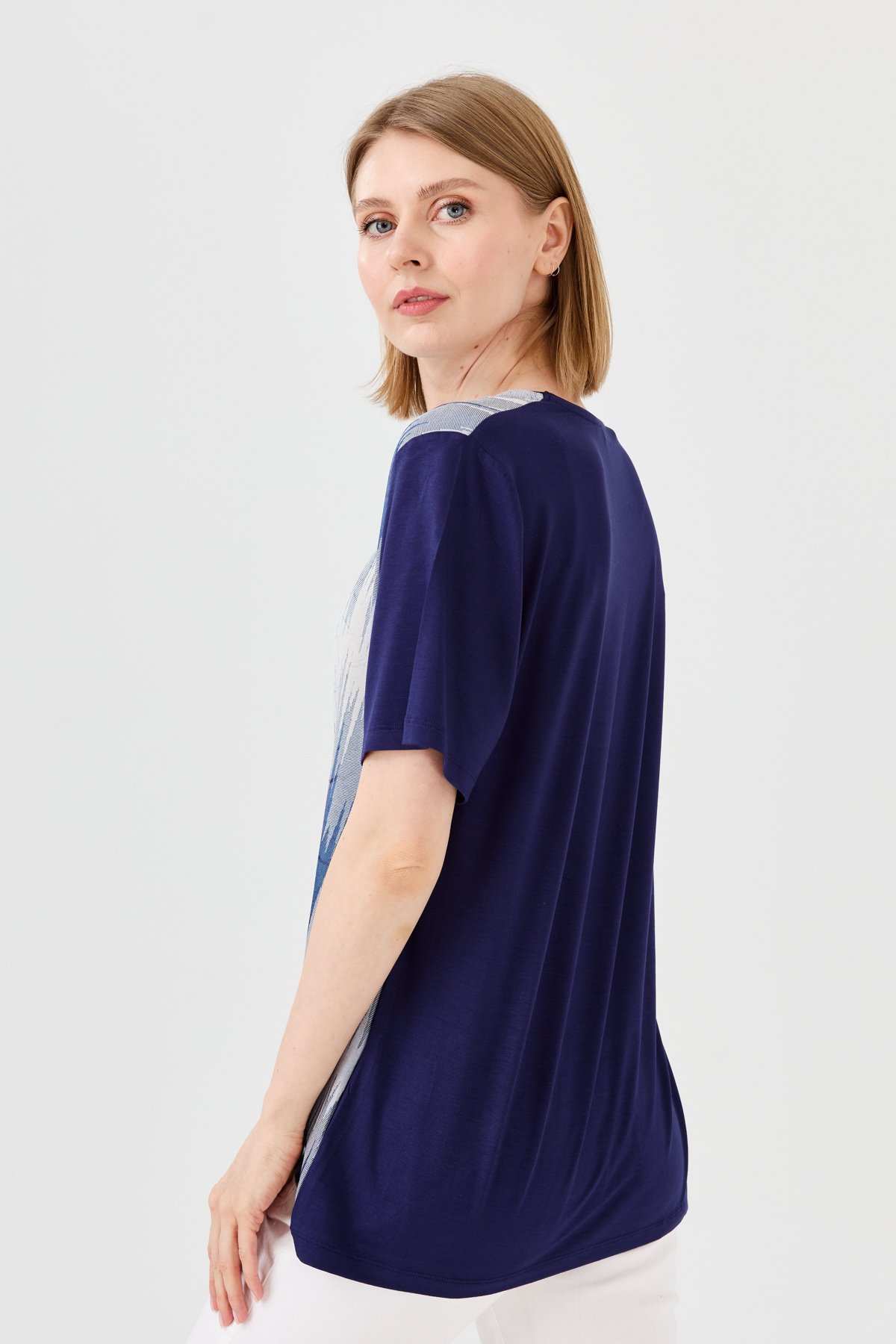 23757Kadın Sıfır Yaka Taşlı Penye T-shirt Lacivert