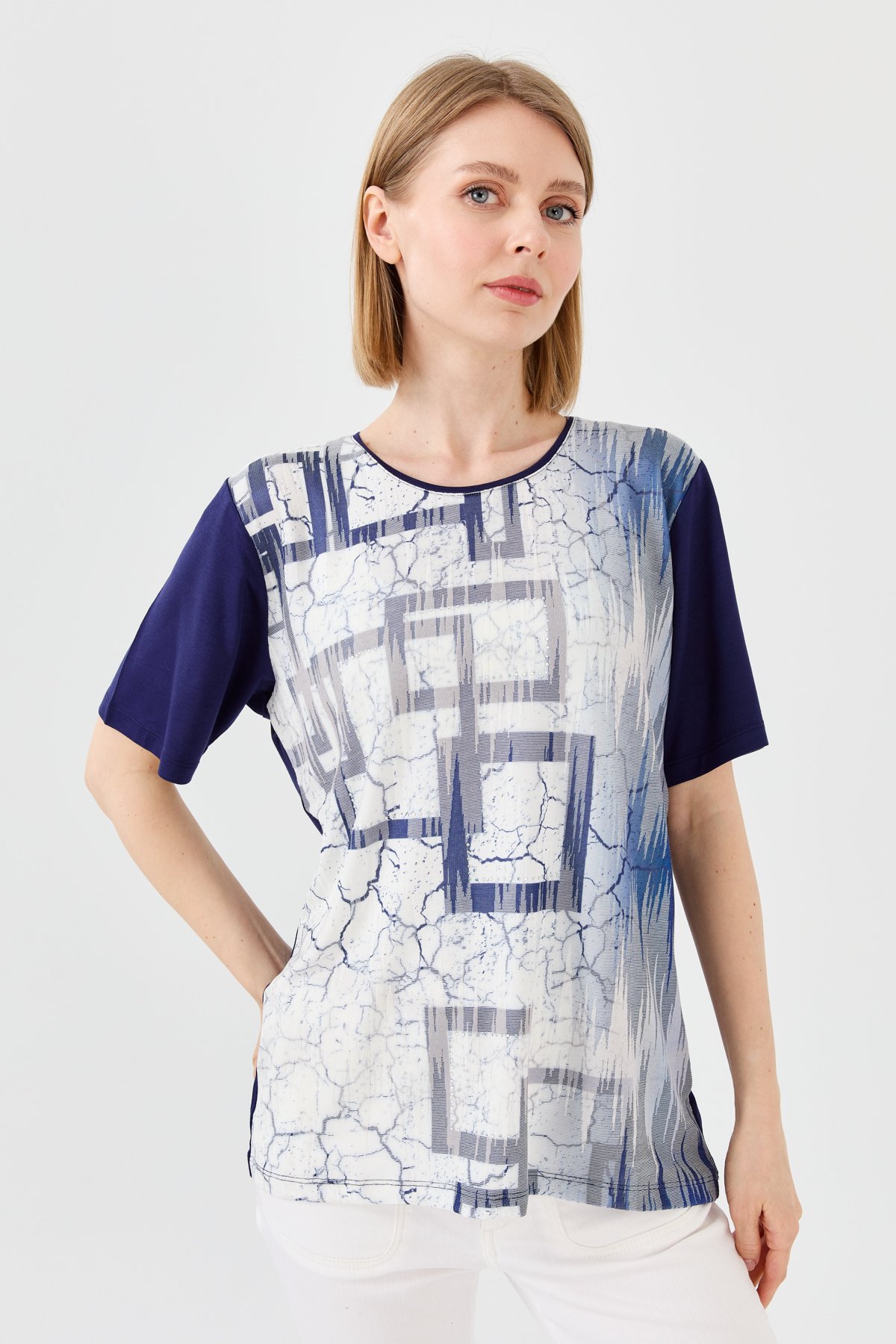 23757Kadın Sıfır Yaka Taşlı Penye T-shirt Lacivert