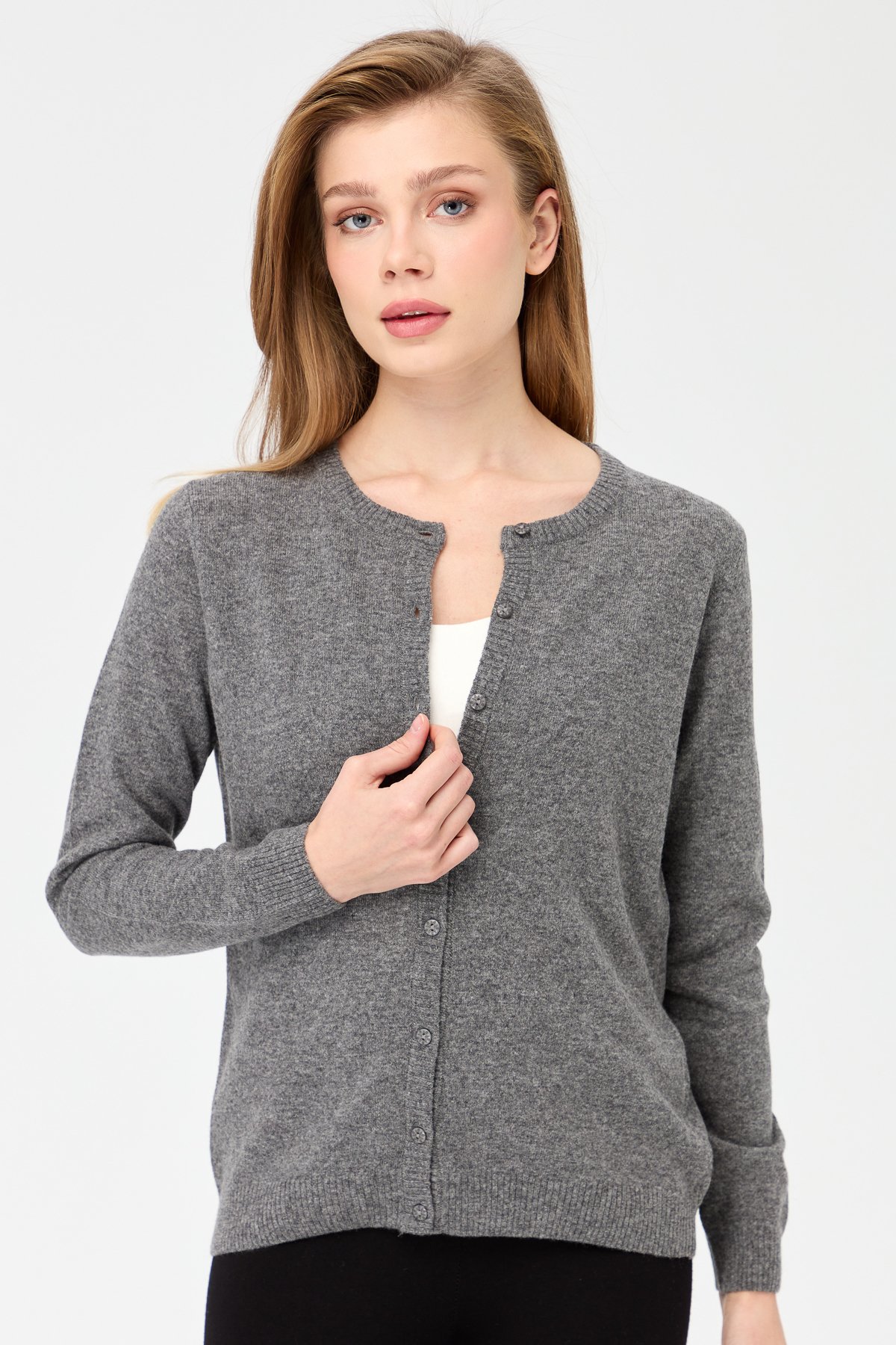 21031Kadın Sıfır Yaka Triko Ceket Füme