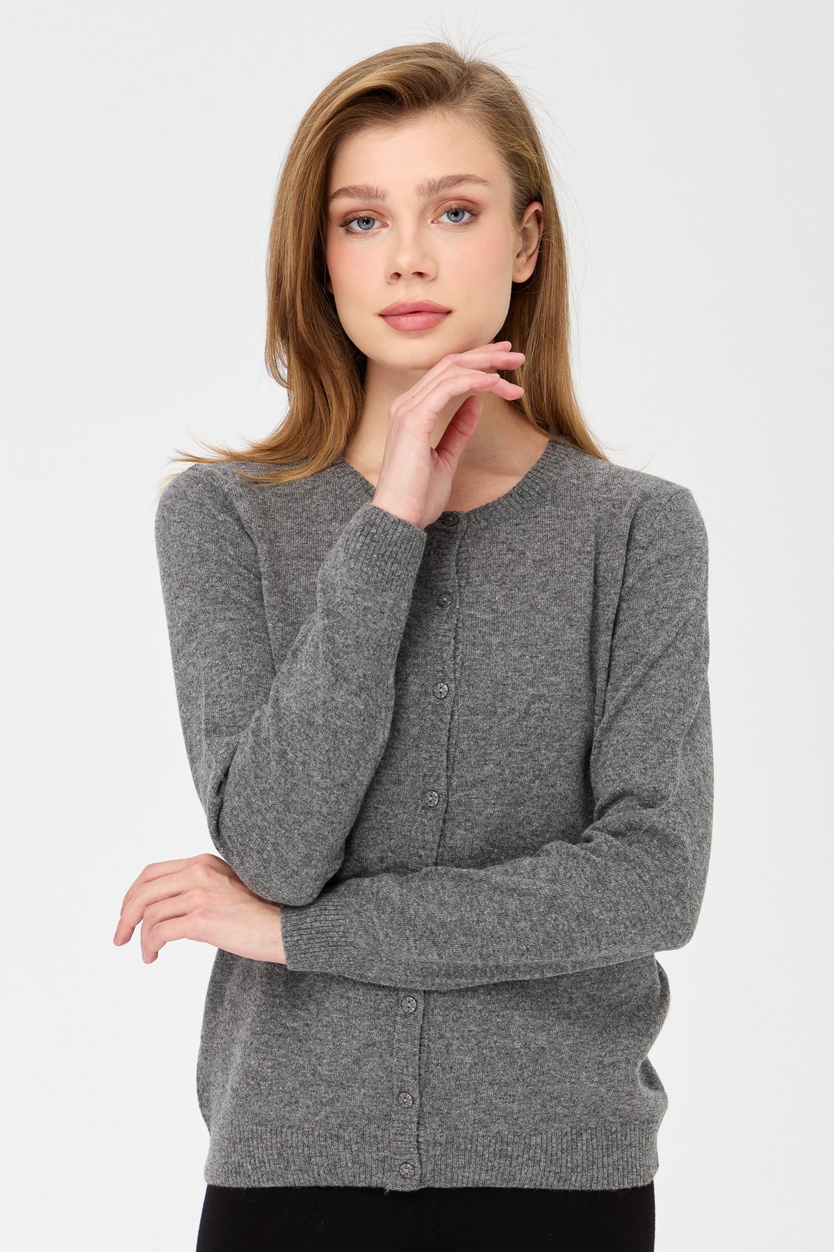 21031Kadın Sıfır Yaka Triko Ceket Füme
