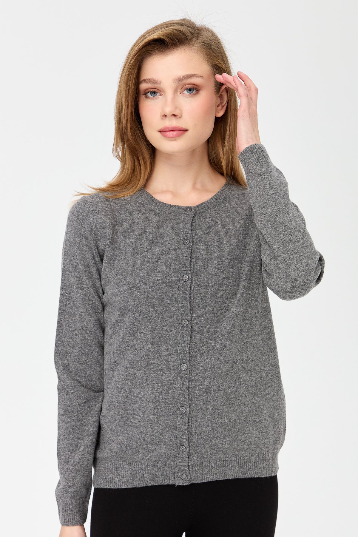 21031Kadın Sıfır Yaka Triko Ceket Füme