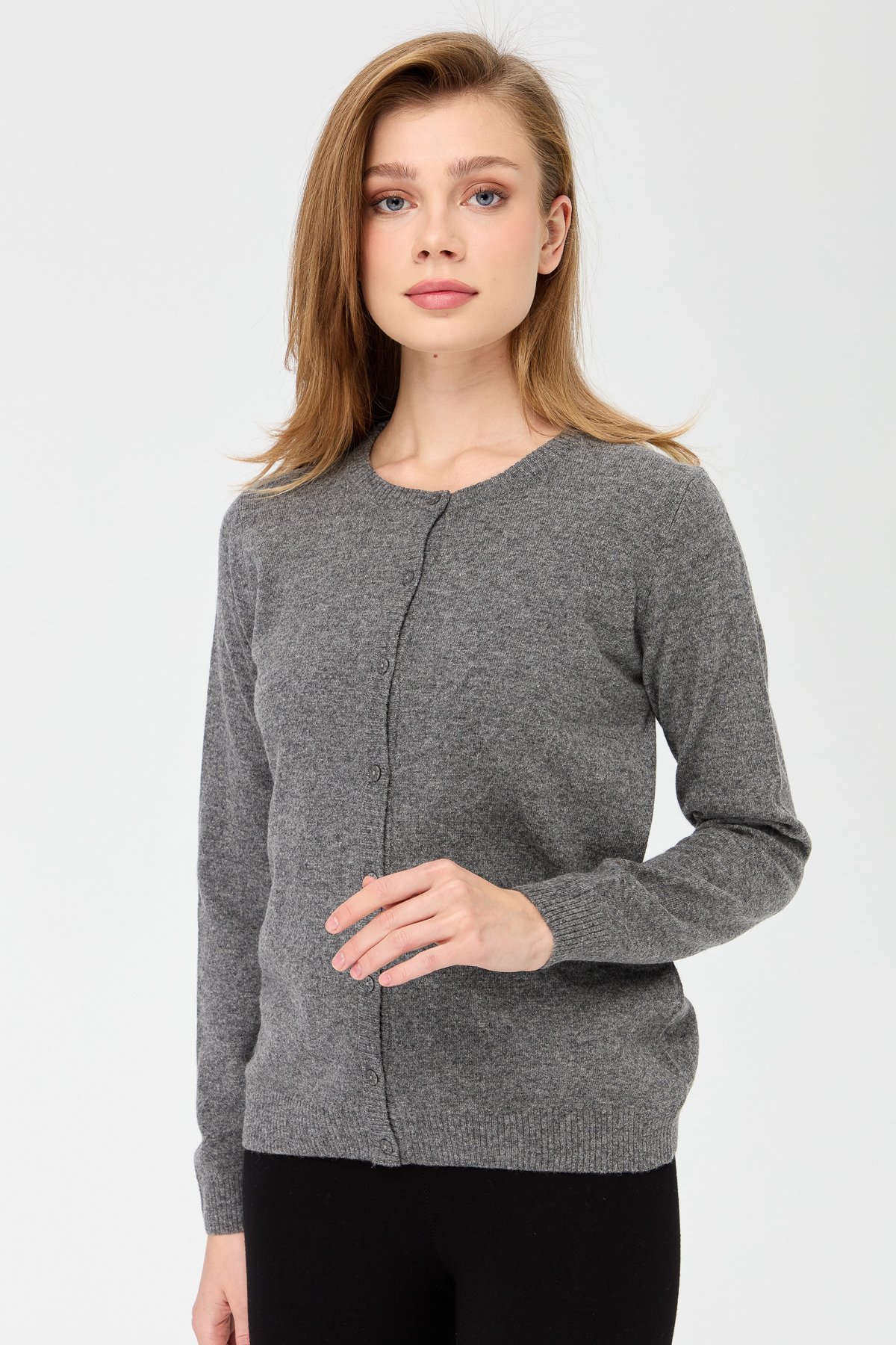 21031Kadın Sıfır Yaka Triko Ceket Füme