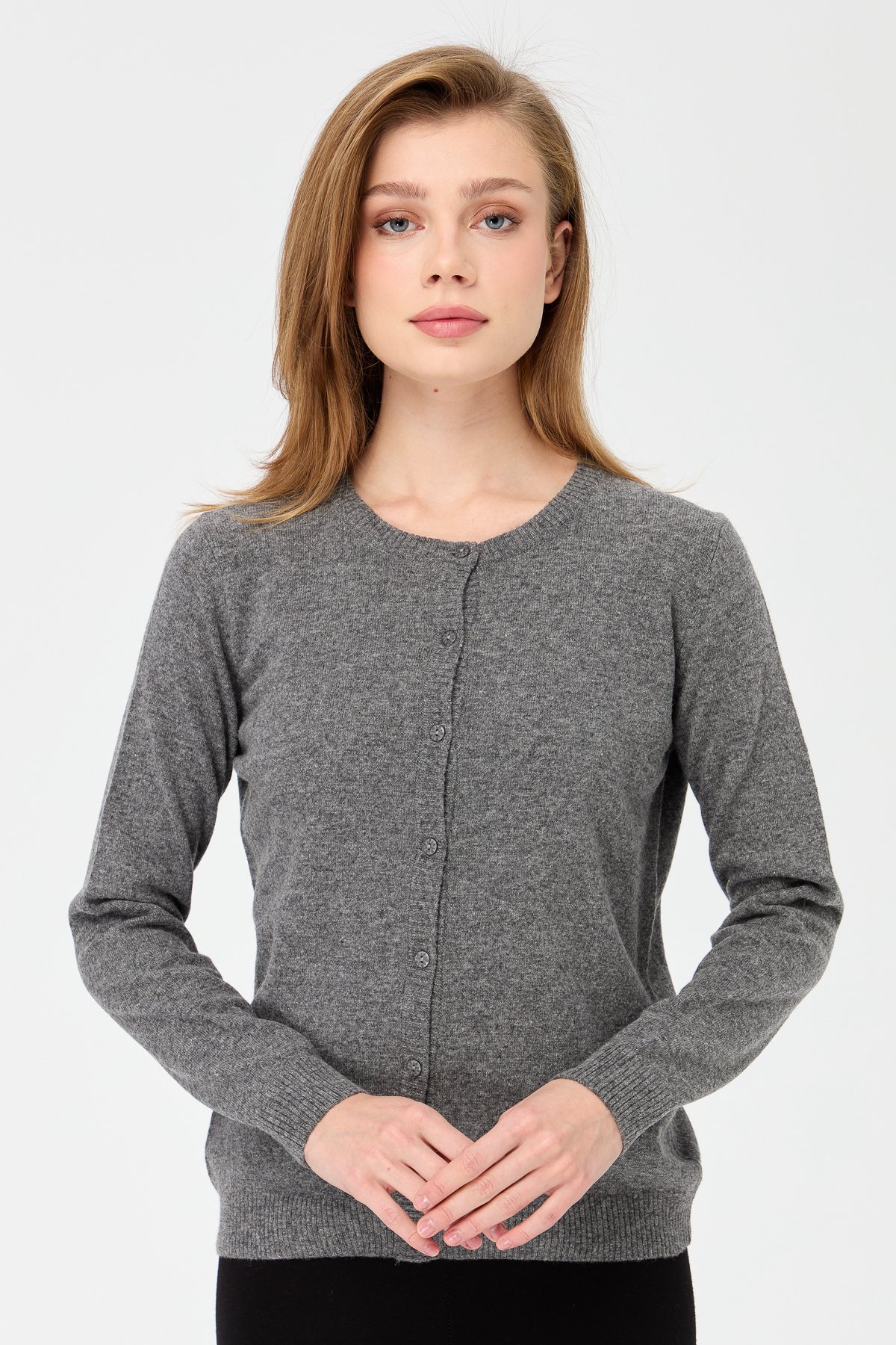 21031Kadın Sıfır Yaka Triko Ceket Füme