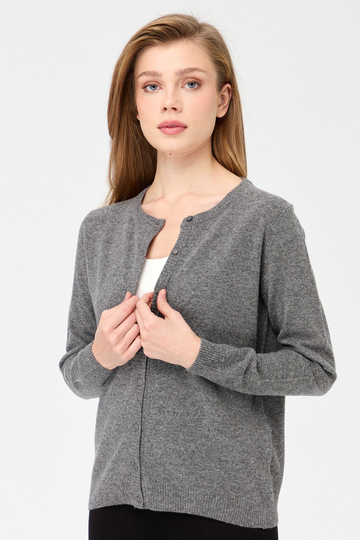 21031Kadın Sıfır Yaka Triko Ceket Füme