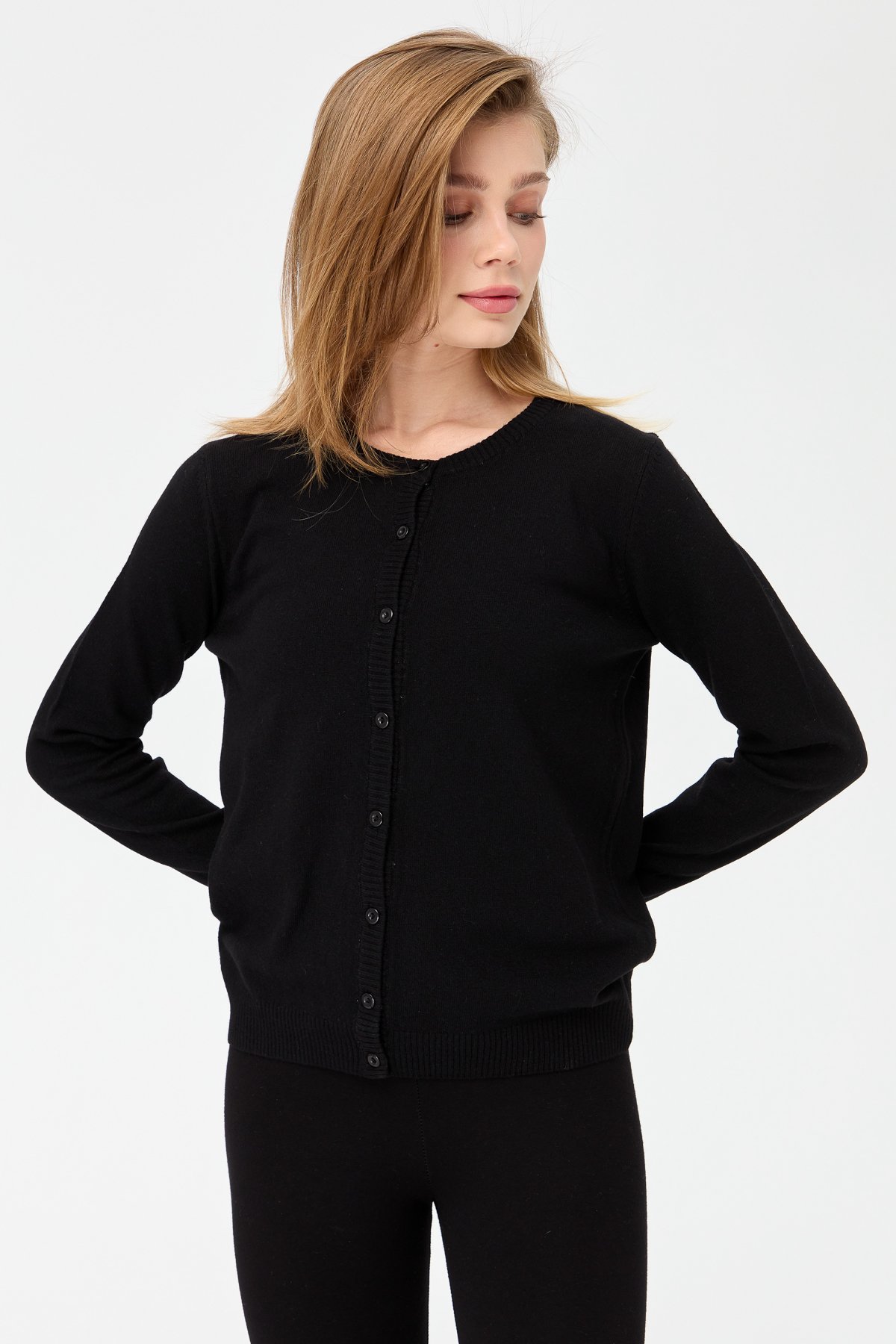 21031Kadın Sıfır Yaka Triko Ceket Siyah