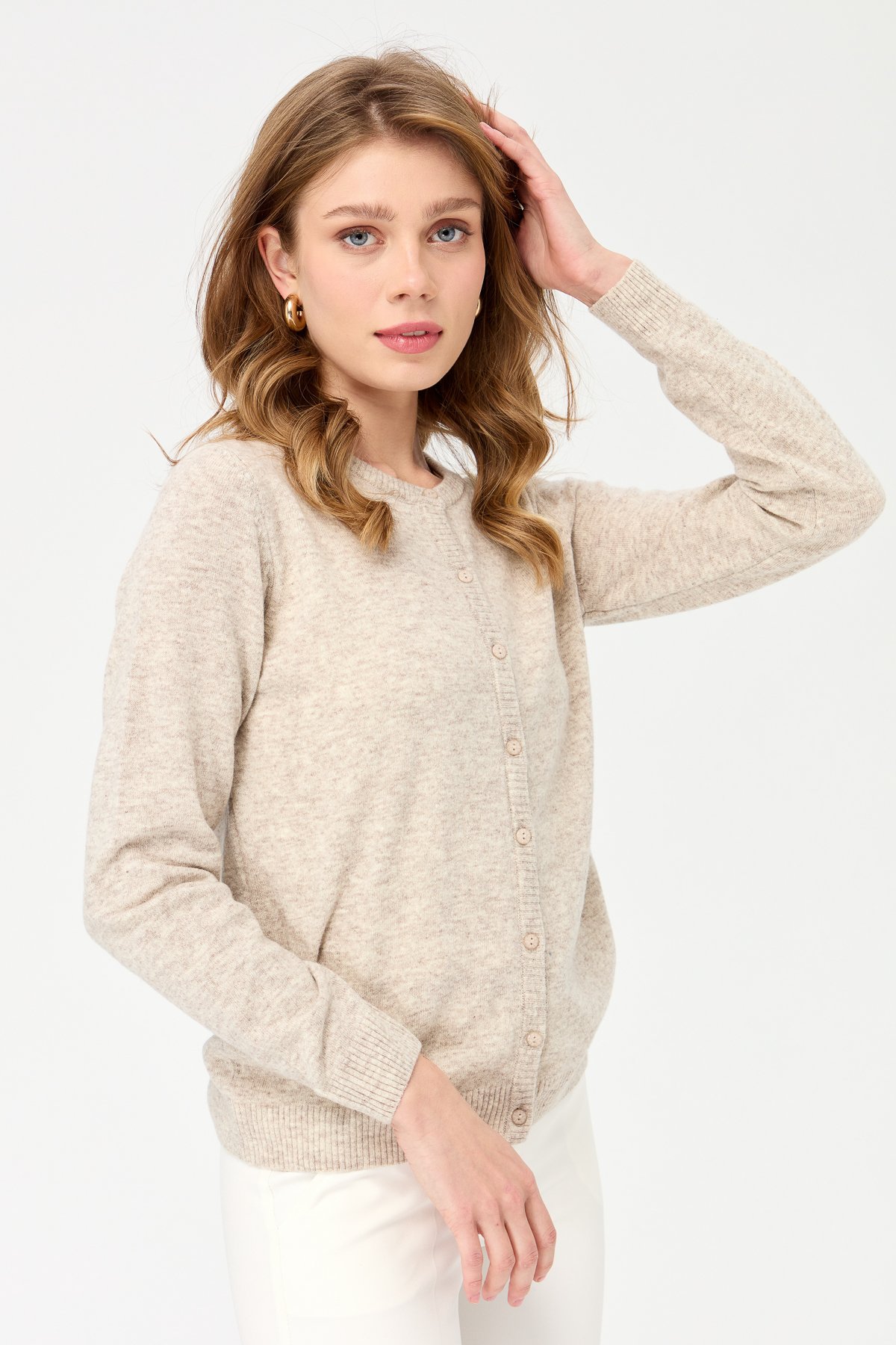 21031Kadın Sıfır Yaka Triko Ceket V.Bej