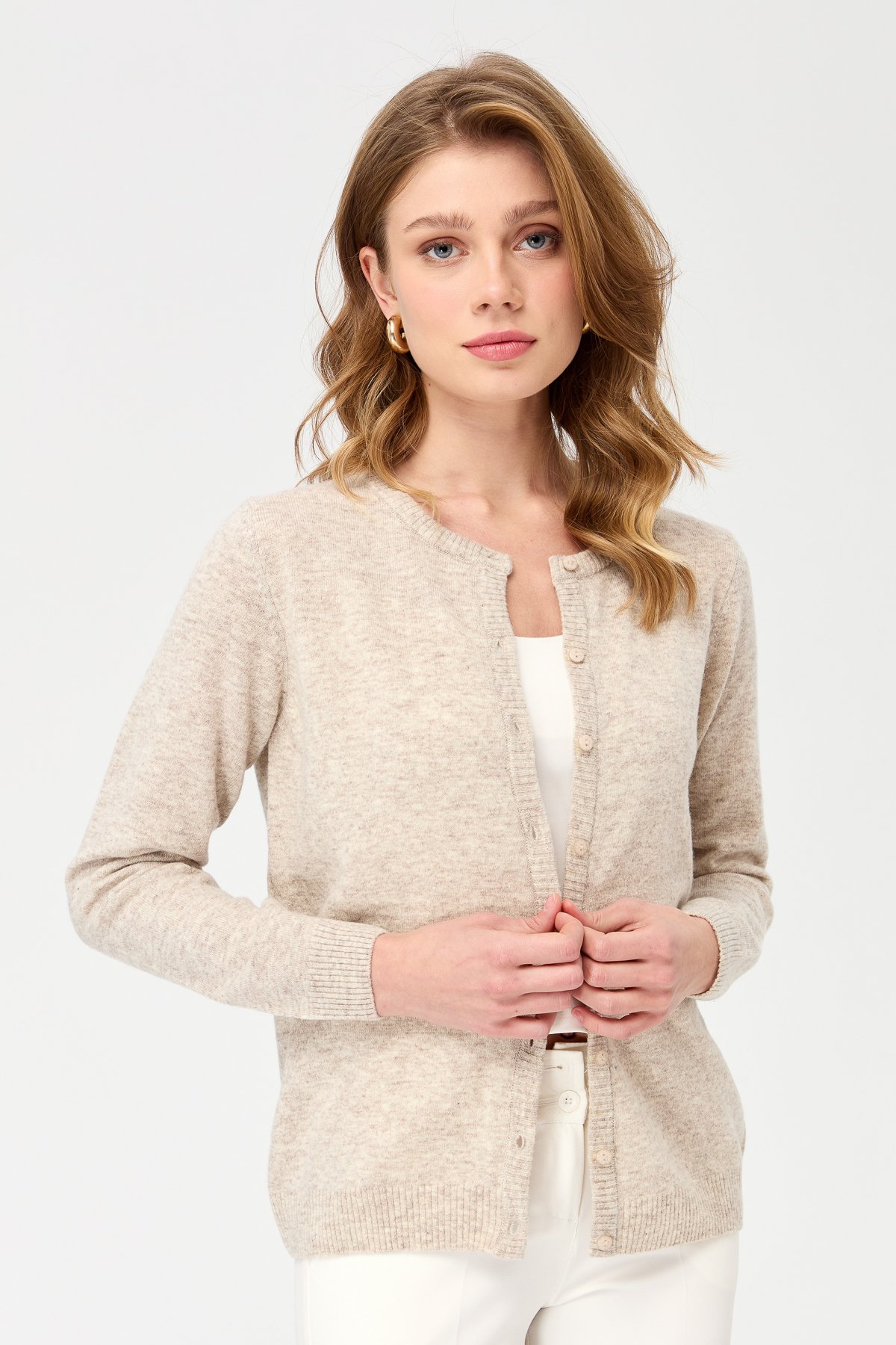 21031Kadın Sıfır Yaka Triko Ceket V.Bej