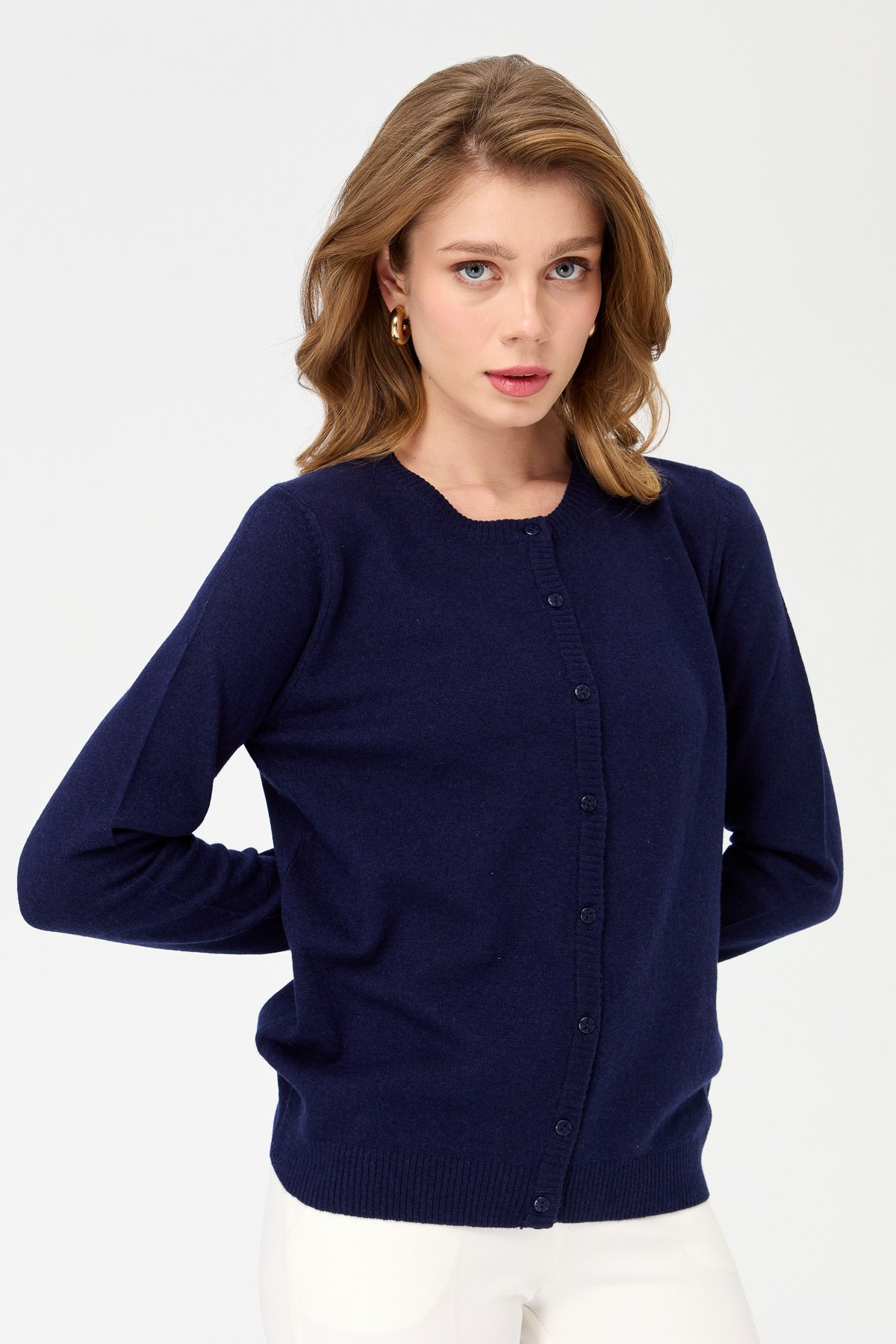 21031Kadın Sıfır Yaka Triko Ceket Y.A.Lacivert