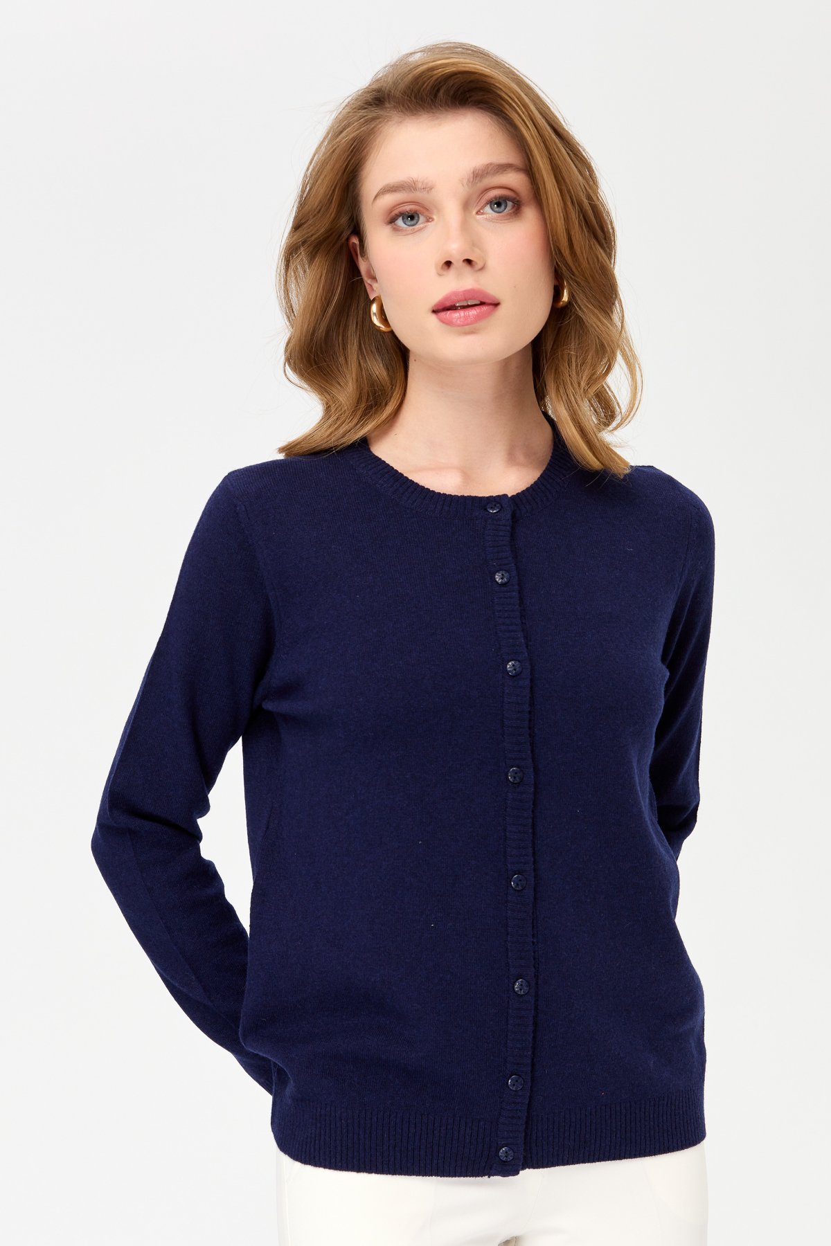 21031Kadın Sıfır Yaka Triko Ceket Y.A.Lacivert