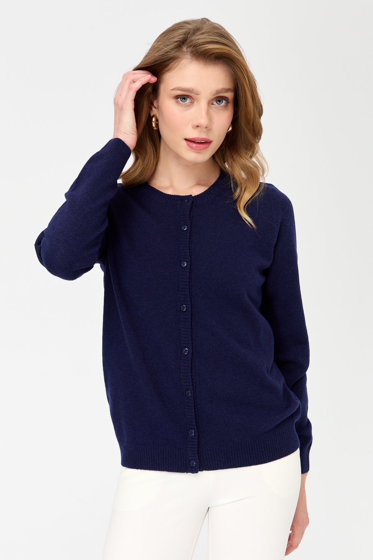 21031Kadın Sıfır Yaka Triko Ceket Y.A.Lacivert