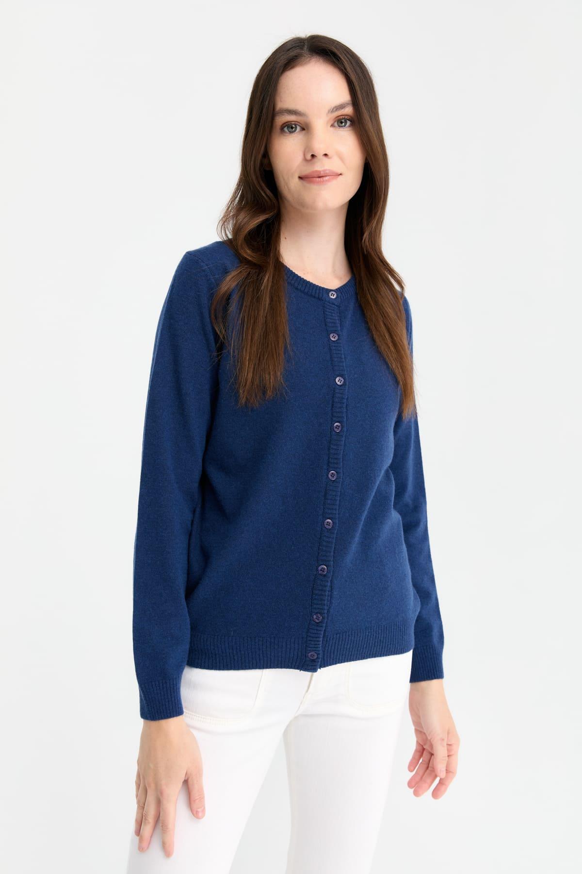 21031Kadın Sıfır Yaka Triko Ceket İndigo
