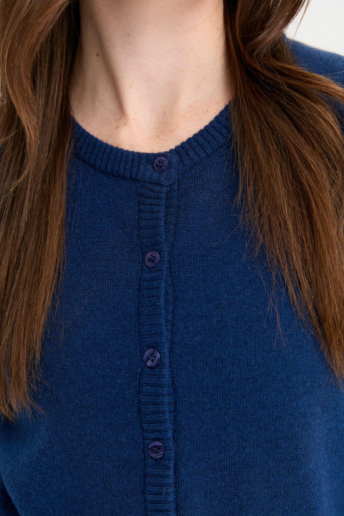 21031Kadın Sıfır Yaka Triko Ceket İndigo