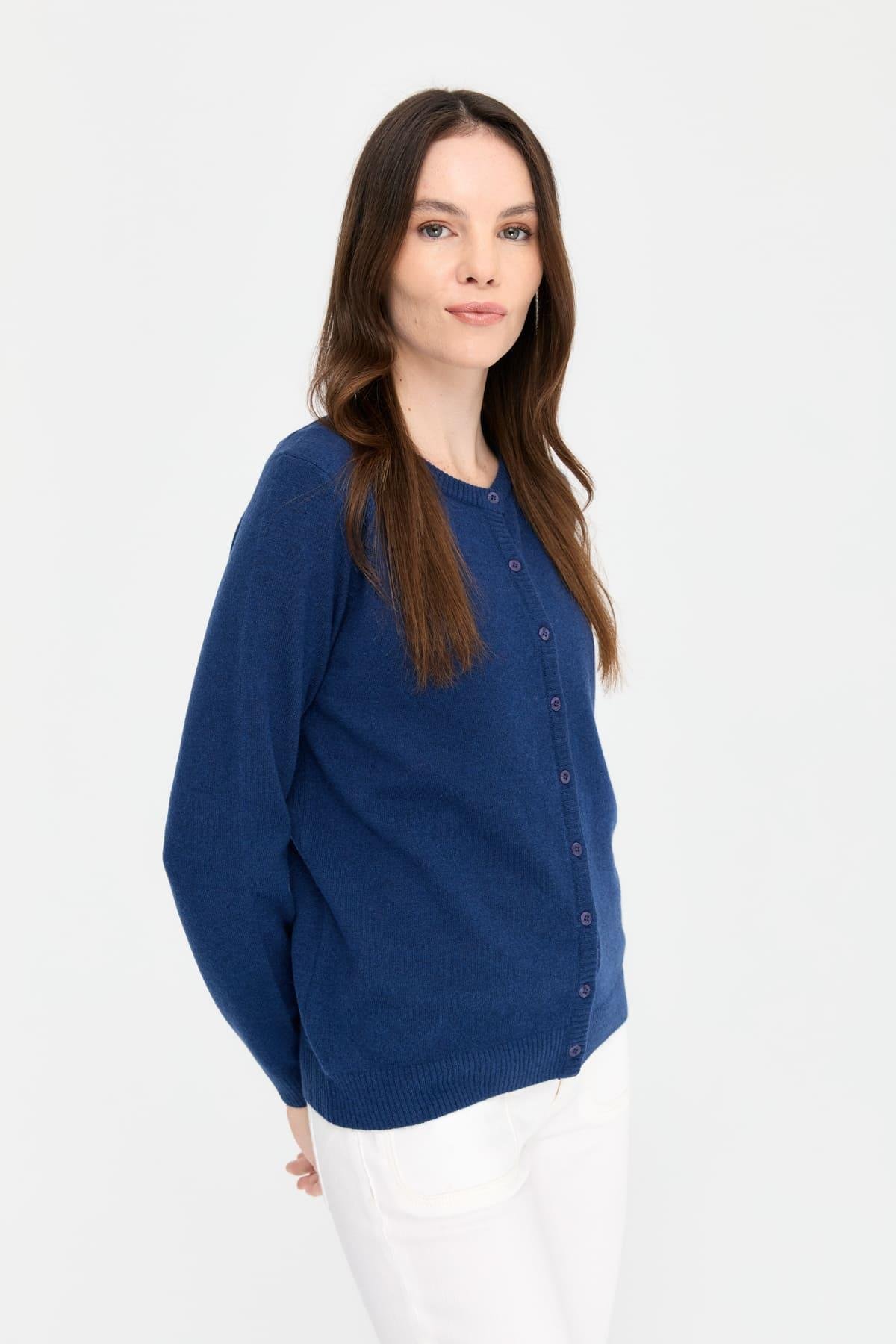 21031Kadın Sıfır Yaka Triko Ceket İndigo