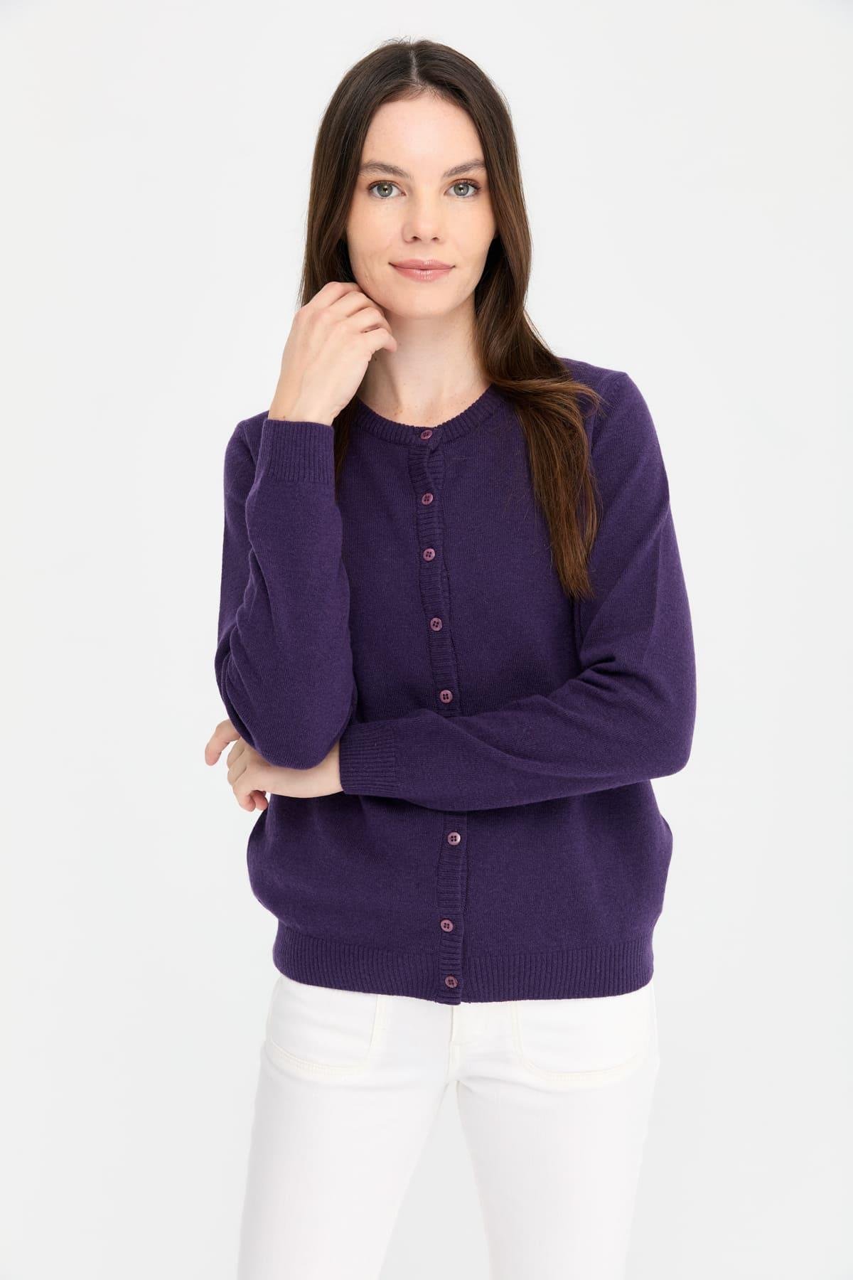 21031Kadın Sıfır Yaka Triko Ceket K.Mor