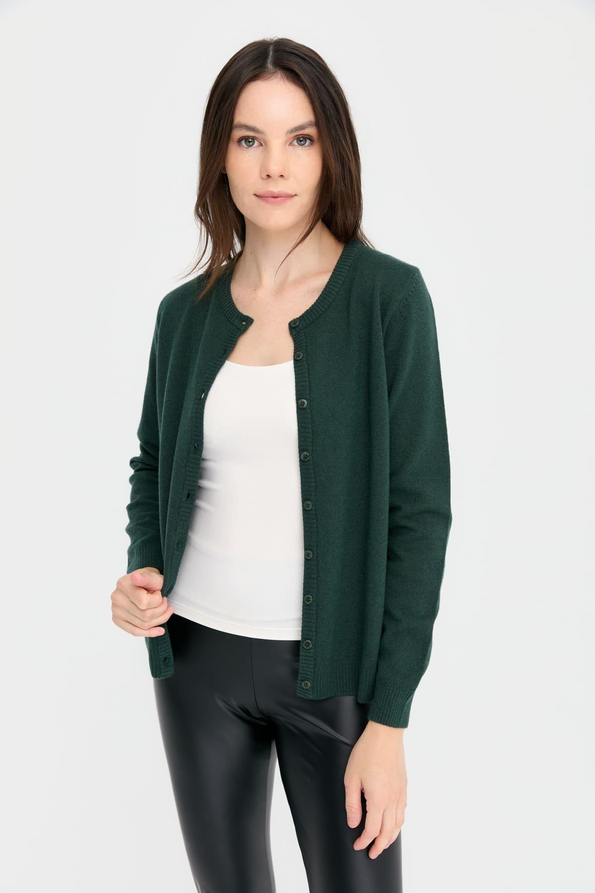 21031Kadın Sıfır Yaka Triko Ceket Yeşil